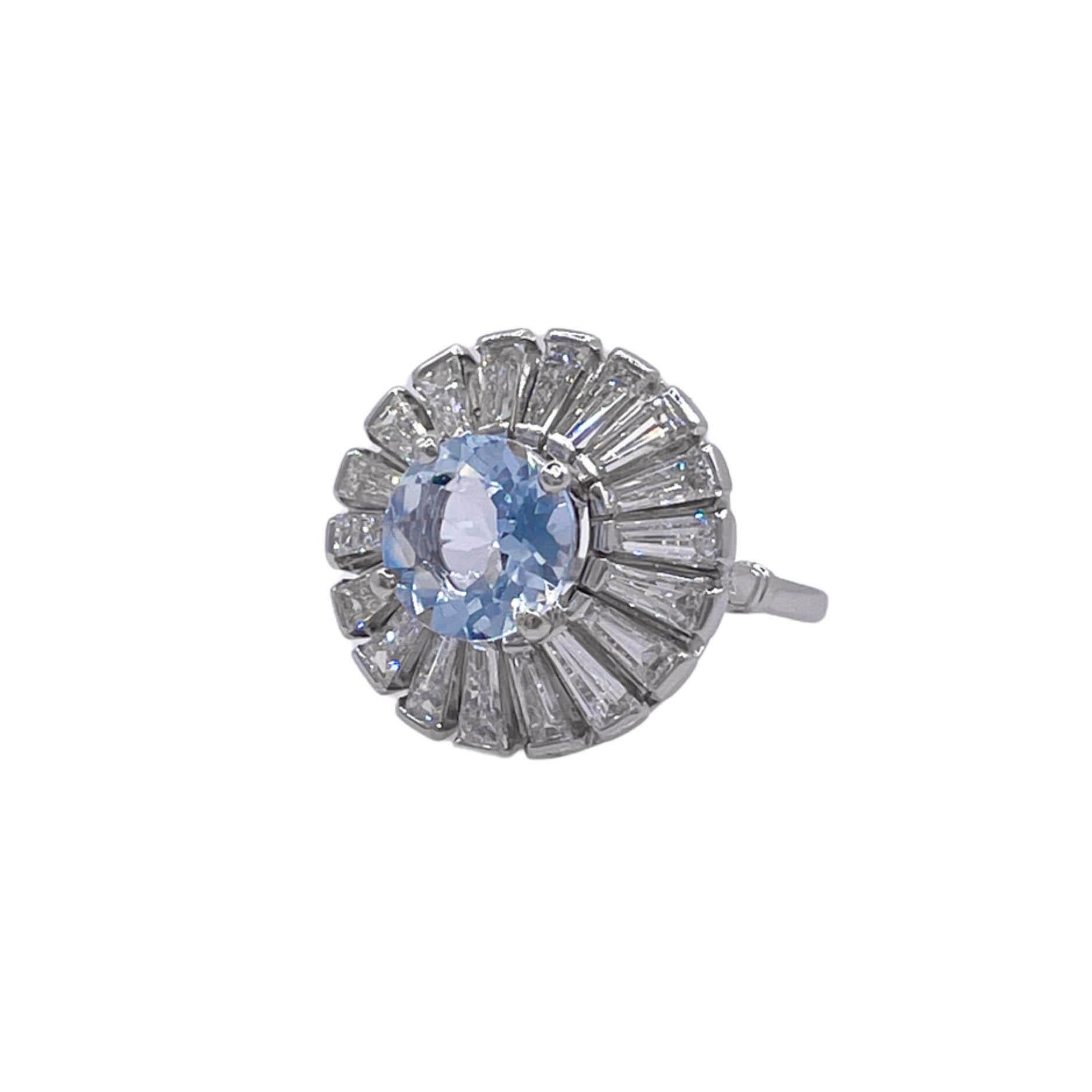 Round Cut Jay Feder Platinum Round Aquamarine and Diamond Cluster Ballerina Ring For Sale