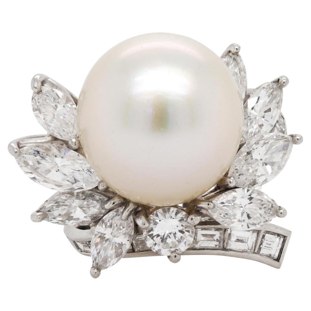 Jay Feder Platinum South Sea Pearl Diamond Cocktail Ring For Sale