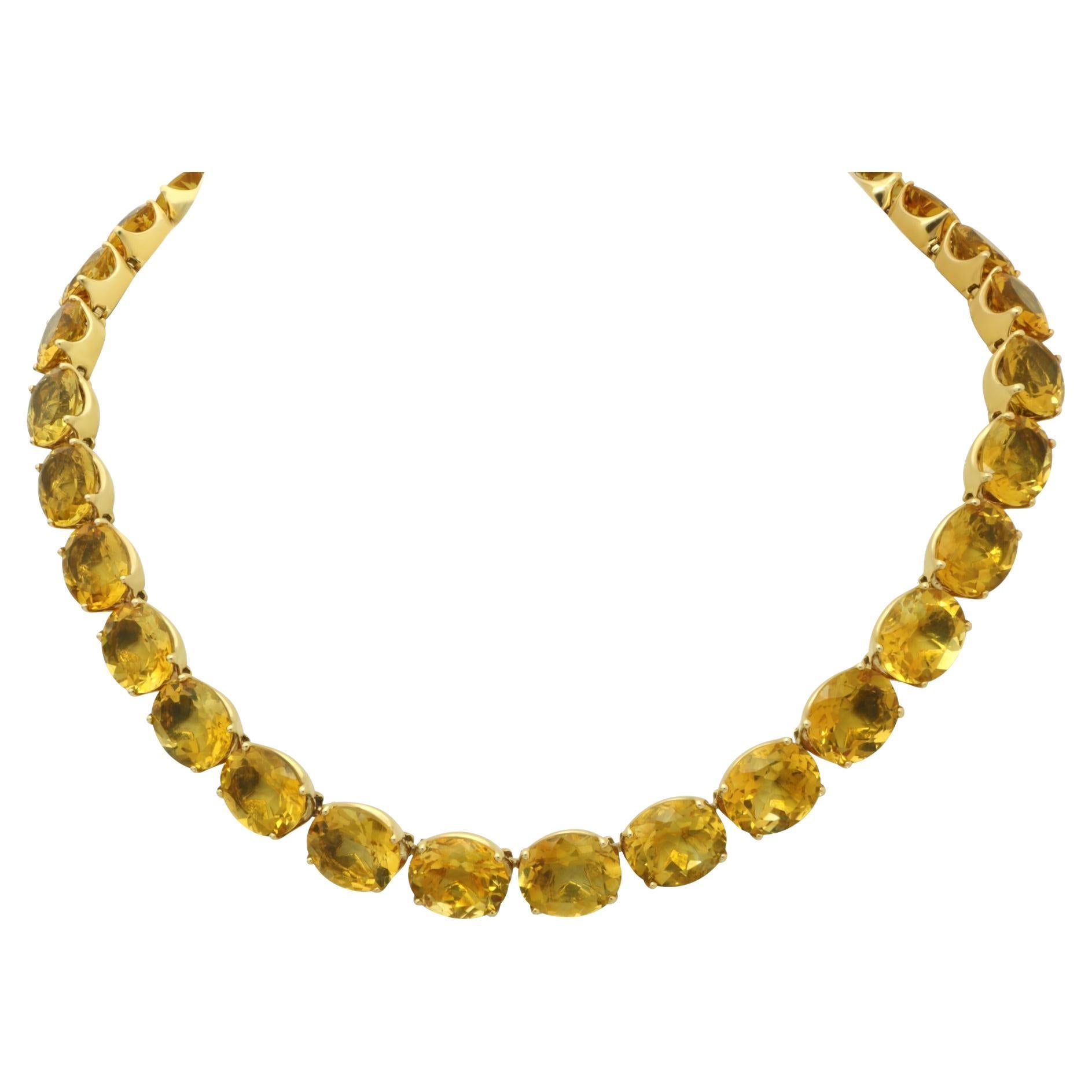 Jay Feder Vintage 137.7ct Oval Citrine 18k Yellow Gold Tennis Necklace For Sale