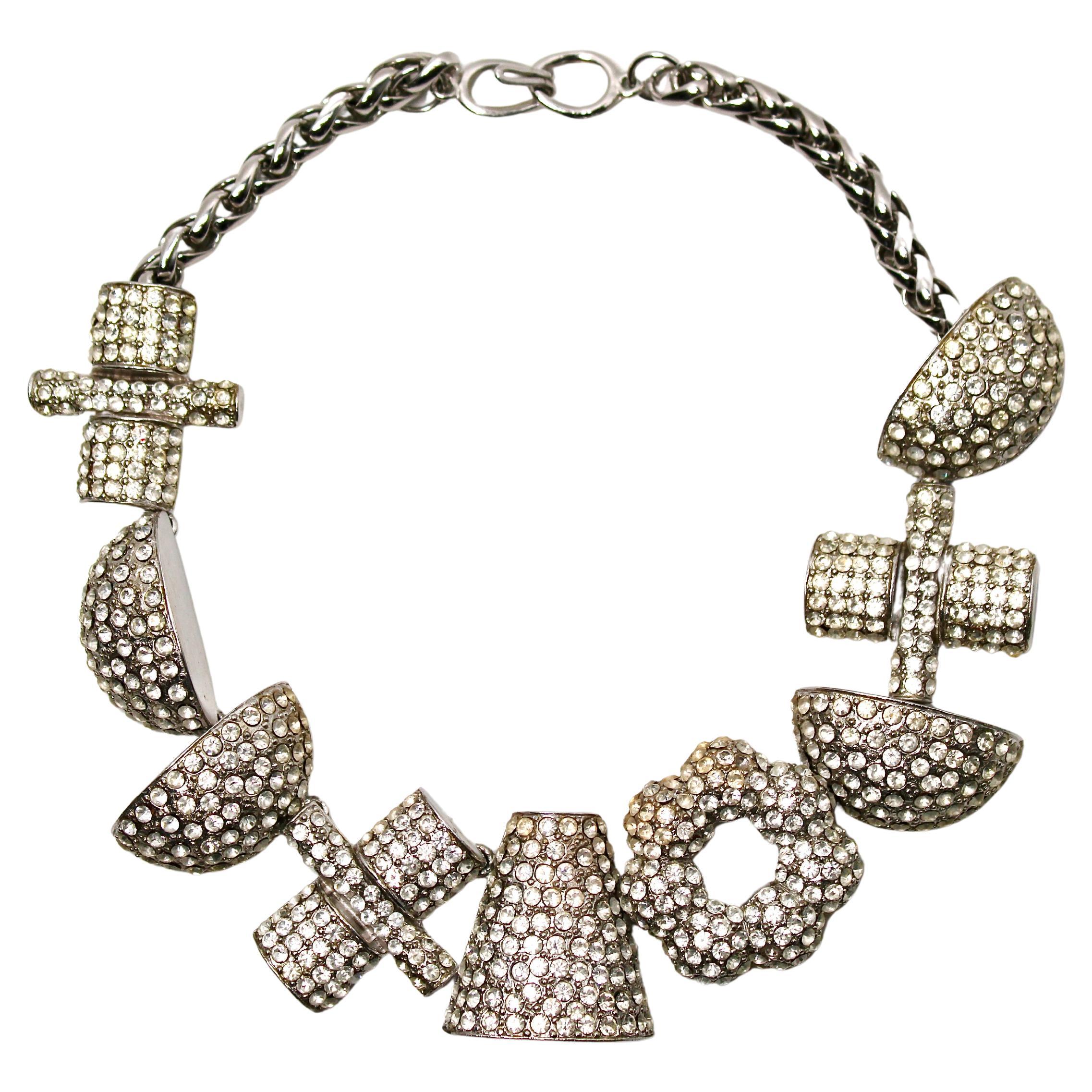 Jay Feinberg Chunky Geometric Swarovski Crystal Necklace circa 1980s For Sale