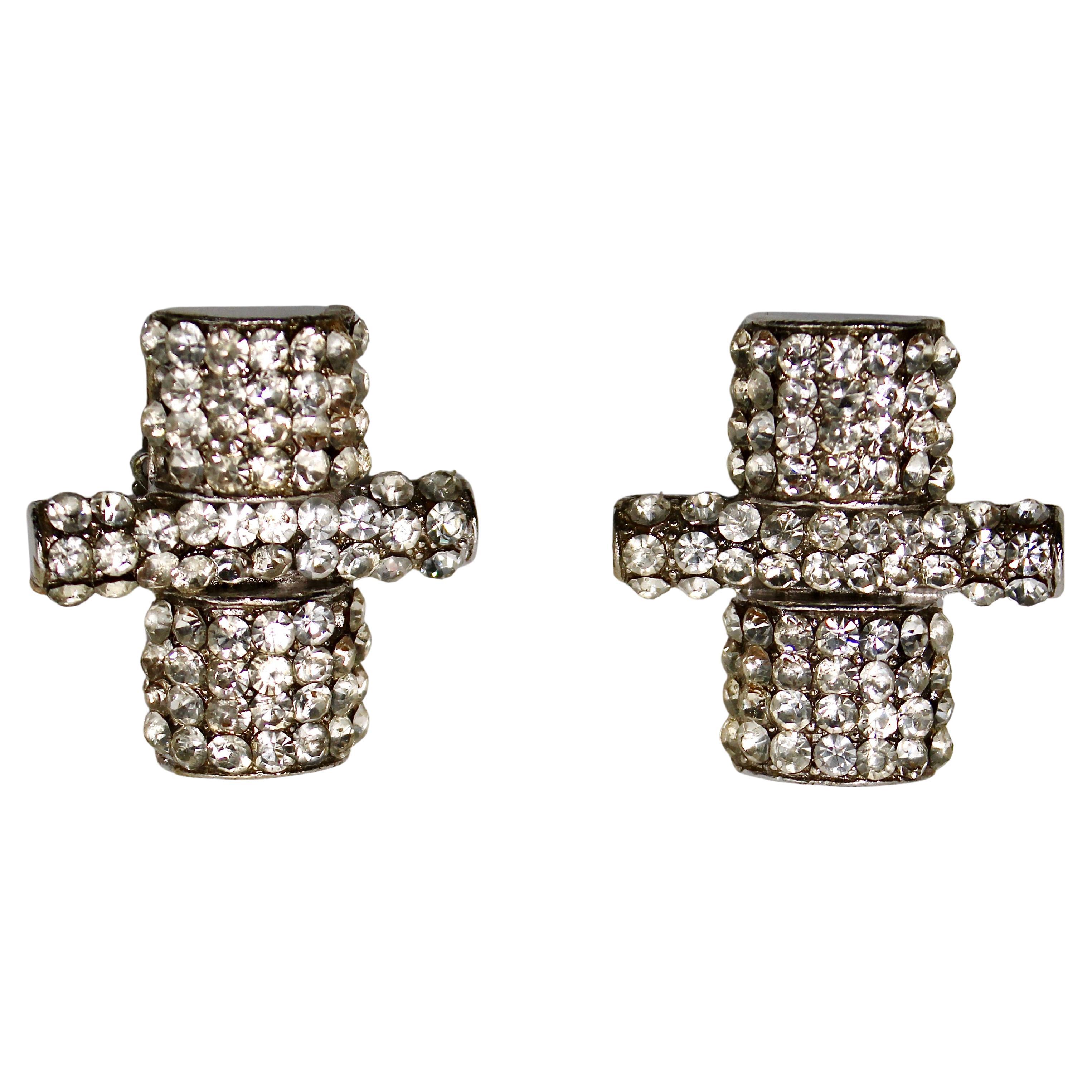 Jay Feinberg Geometric Swarovski Crystal Clip-On Earrings circa 1980s For Sale
