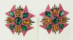 Boucles d'oreilles en strass rose, vert et ambre Jay Feinberg, années 1980