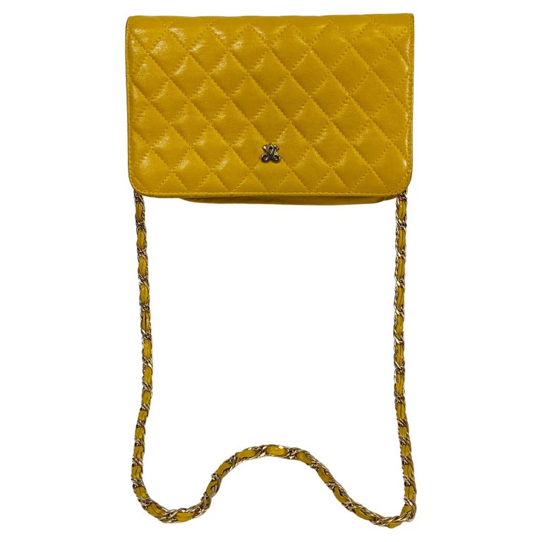 Jay Herbert Yellow Quilted Leather Mini Flap cross body Chain Strap Bag Vintage For Sale