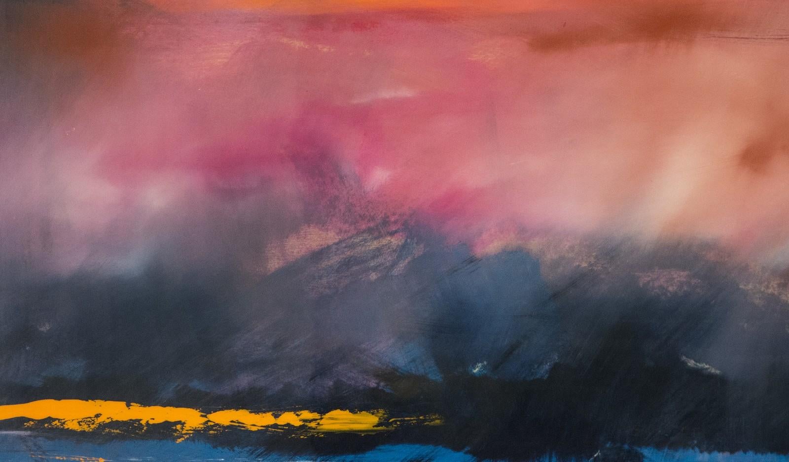 Angin 4 - atmosphärische, farbenfrohe, abstrakte Meereslandschaft, Acryl, Harz auf Tafel (Pink), Abstract Painting, von Jay Hodgins