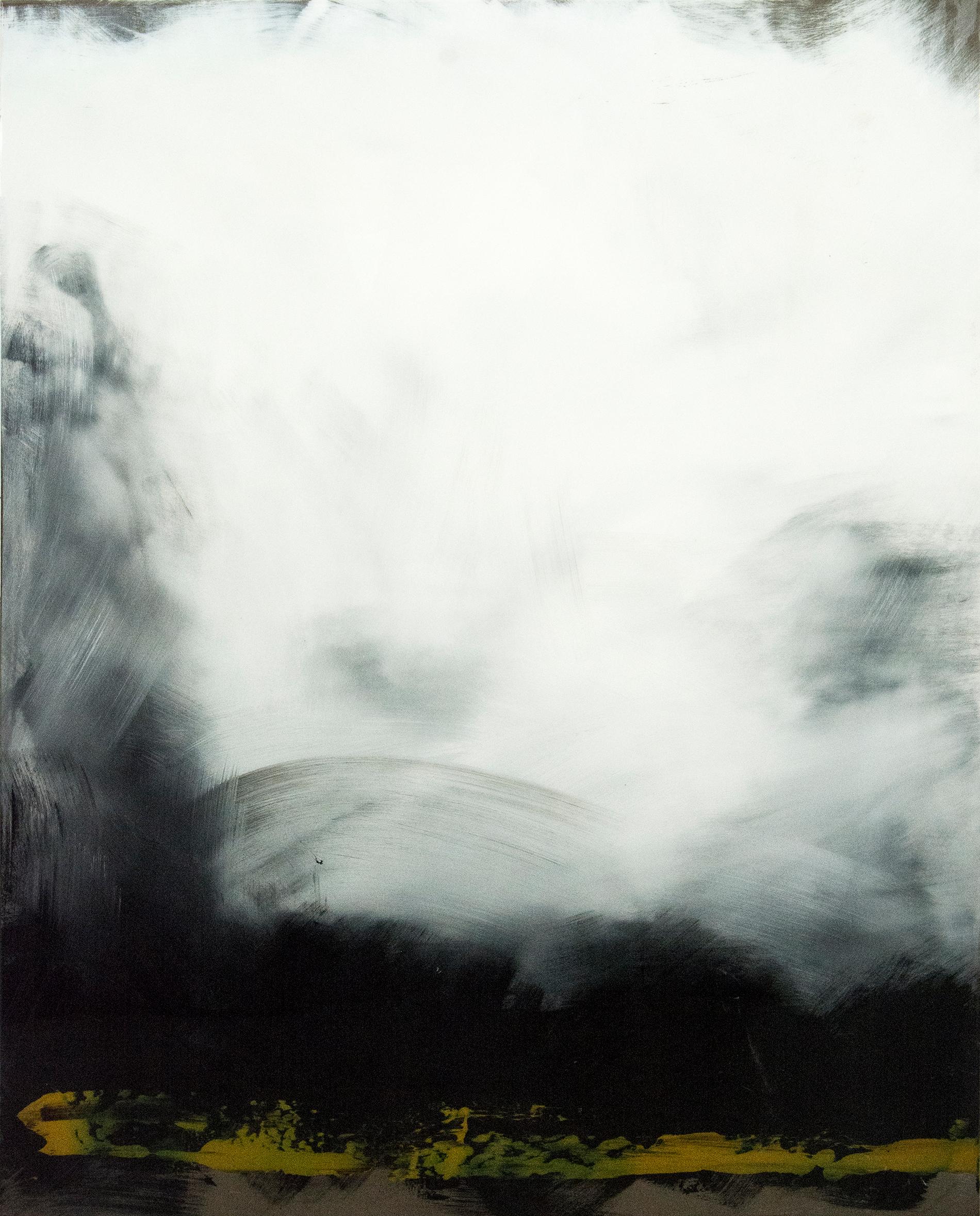 Jay Hodgins Abstract Painting – Ombak 1 – dunkel, atmosphärisch, abstrakt, Landschaft, Harz und Acryl auf Tafel