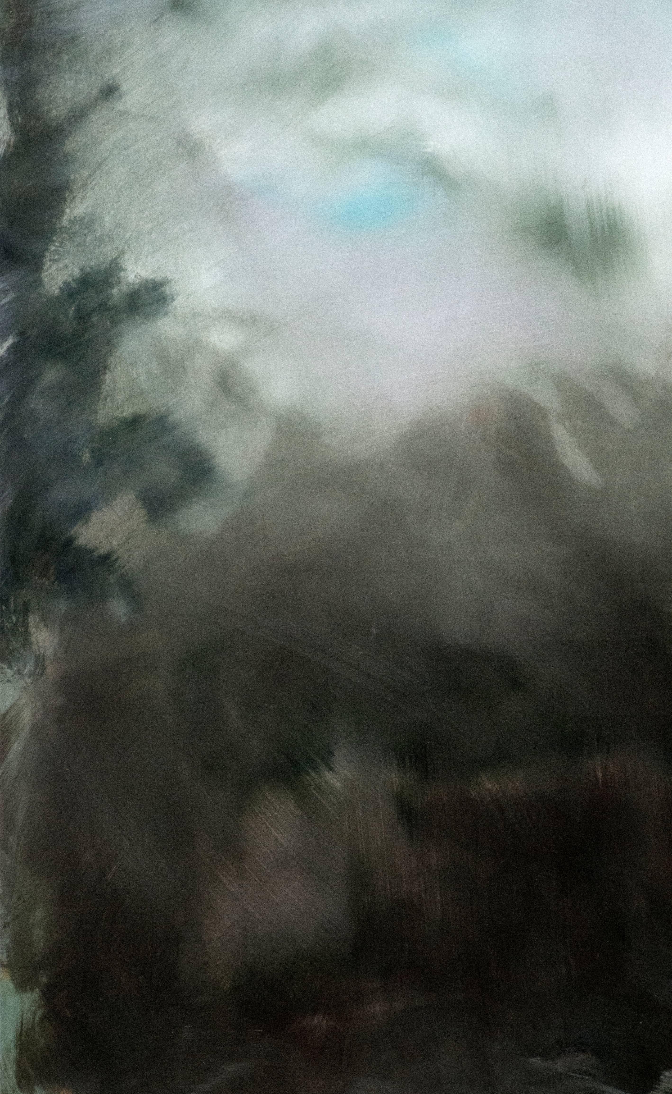Rujuh 12 - Dunkle, atmosphärische, abstrakte Landschaft, Acryl, Harz auf Tafel – Painting von Jay Hodgins
