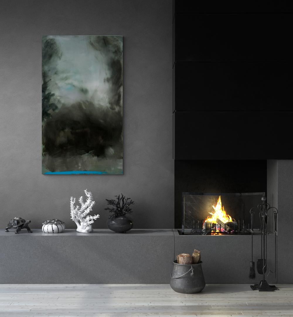 Rujuh 12 - dark, atmospheric, abstract landscape, acrylic, resin on panel For Sale 2