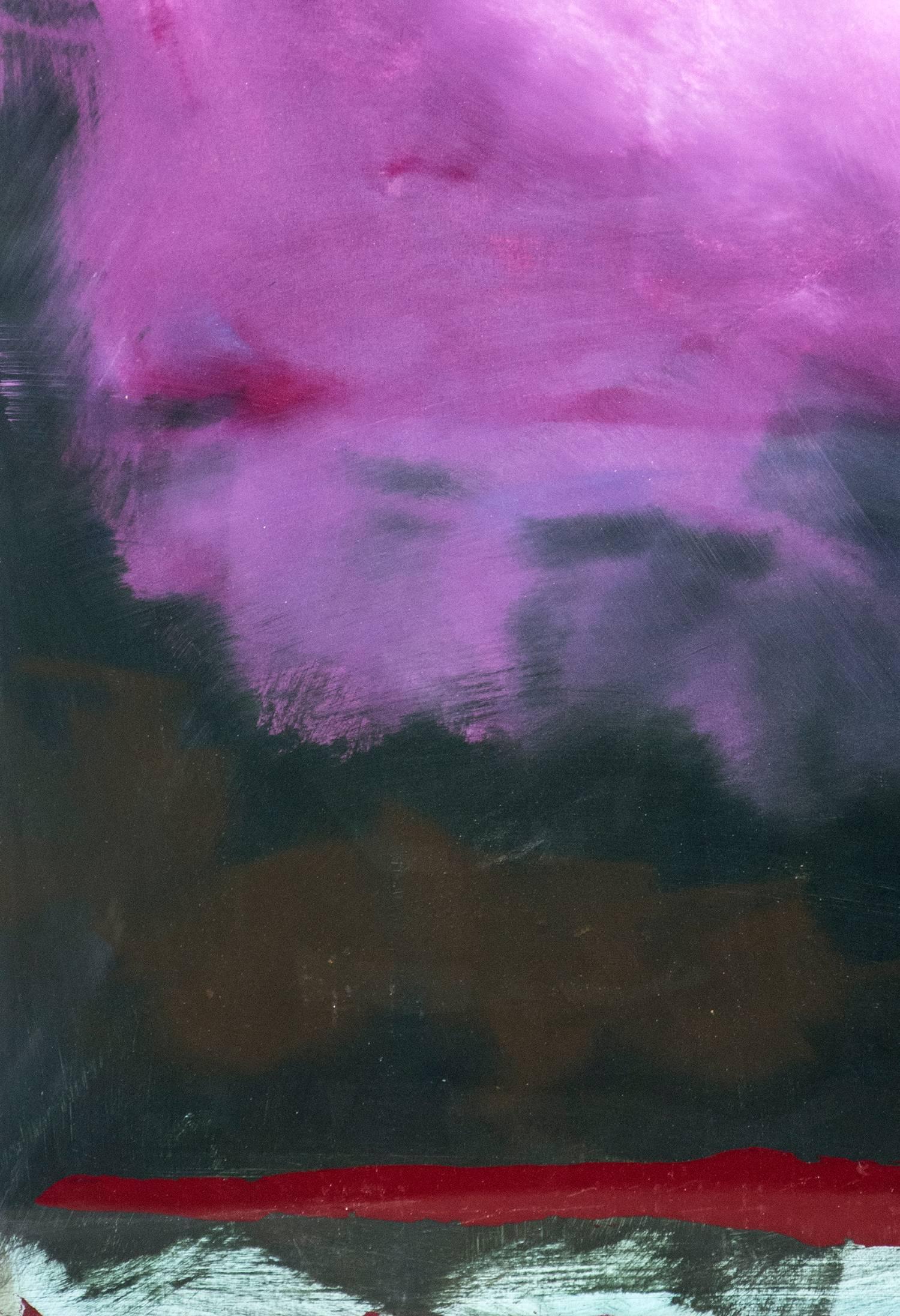 Rujuh 14 - atmospheric, colourful, abstract landscape, acrylic, resin on panel - Purple Landscape Painting by Jay Hodgins