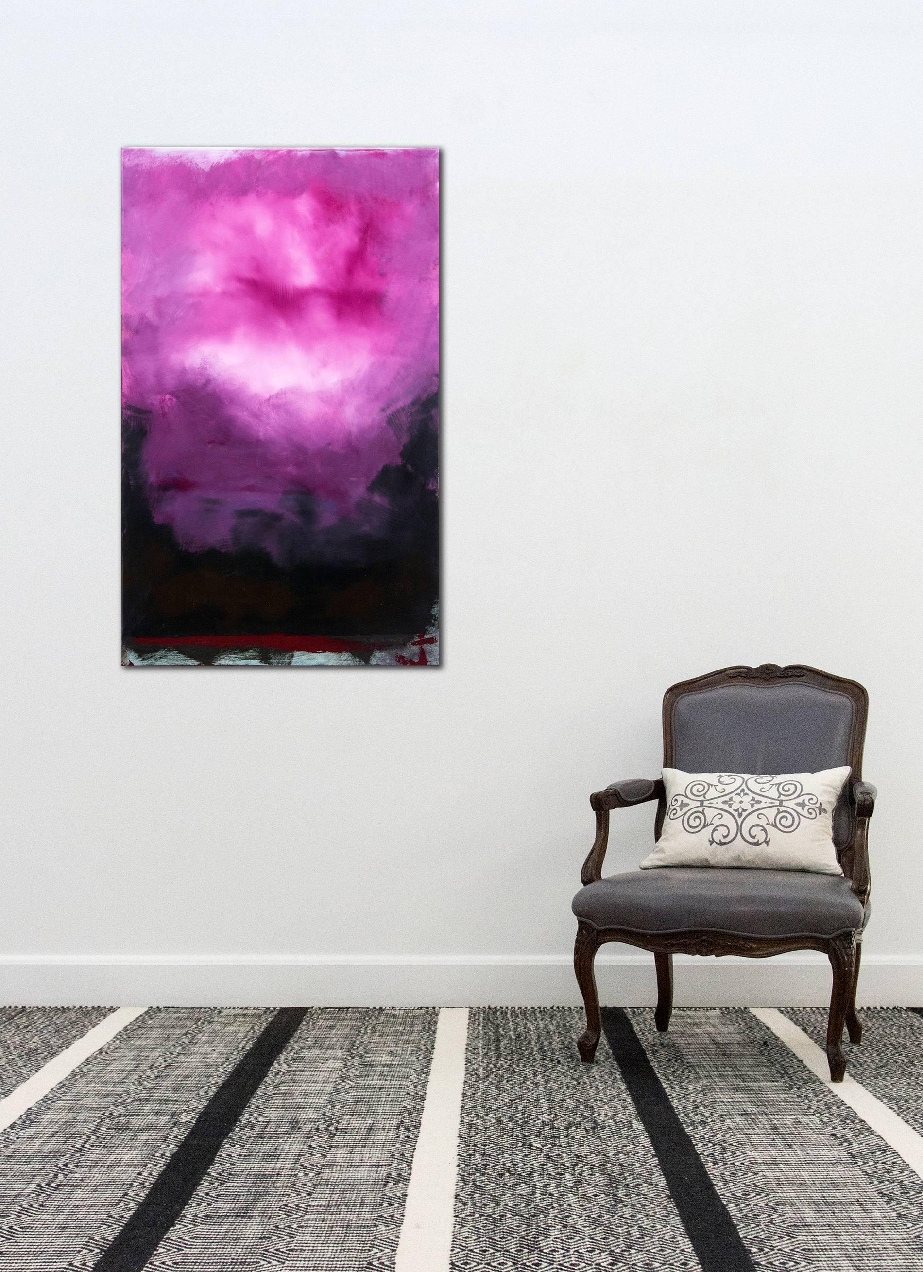 A brilliant and stormy violet sky rises from a dark horizon in this emotive landscape by Jay Hodgins.  Layers of saturated color coated with glossy resin create depth, light and atmosphere. This work is part of the Rujuh series. Rujuh is Indonesian