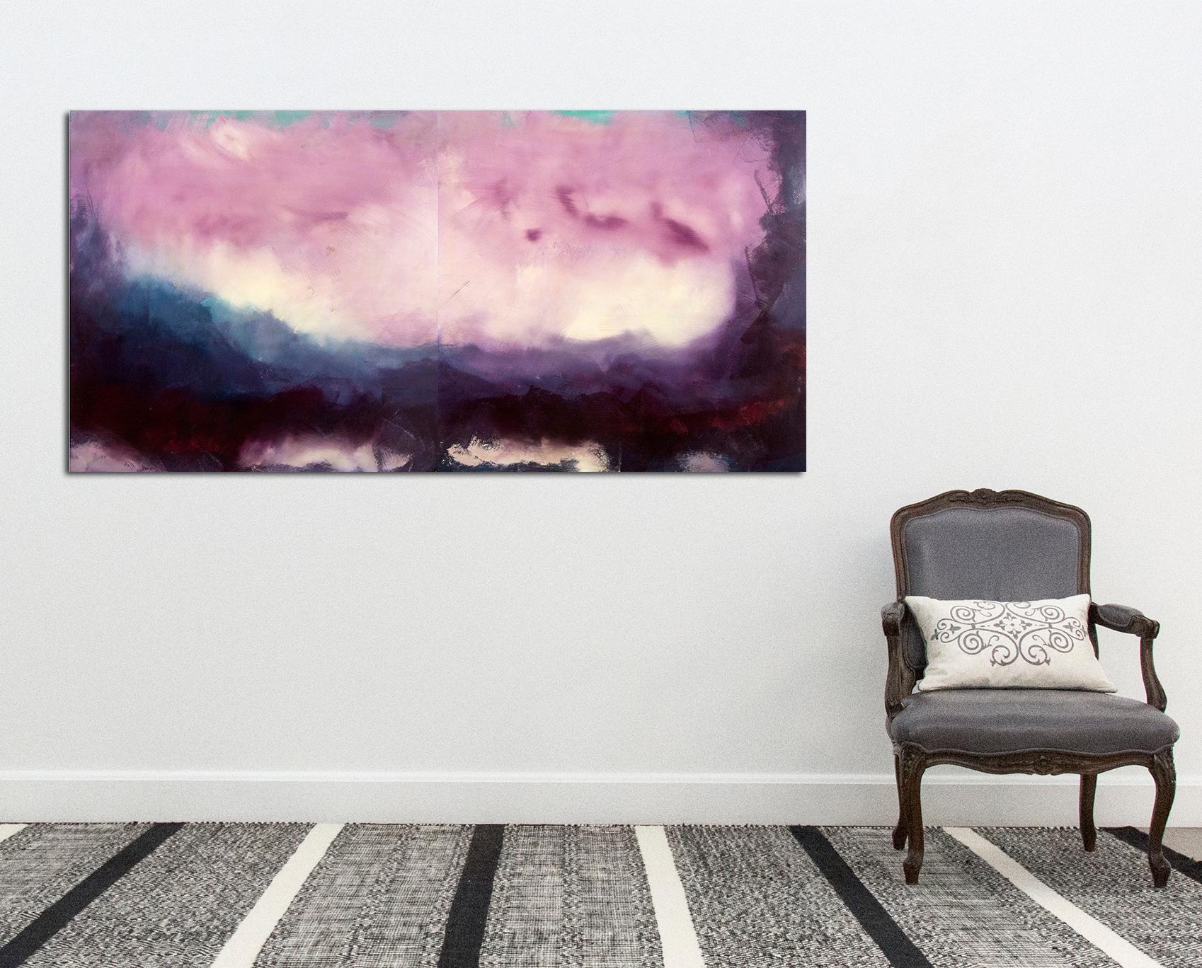 Dark clouds at a stormy horizon meet a violet sky in this emotive diptych by Jay Hodgins. Layers of curated colors coated in a glossy resin create depth and light in the atmospheric painting. This work is part of the Rujuh series. Rujuh is
