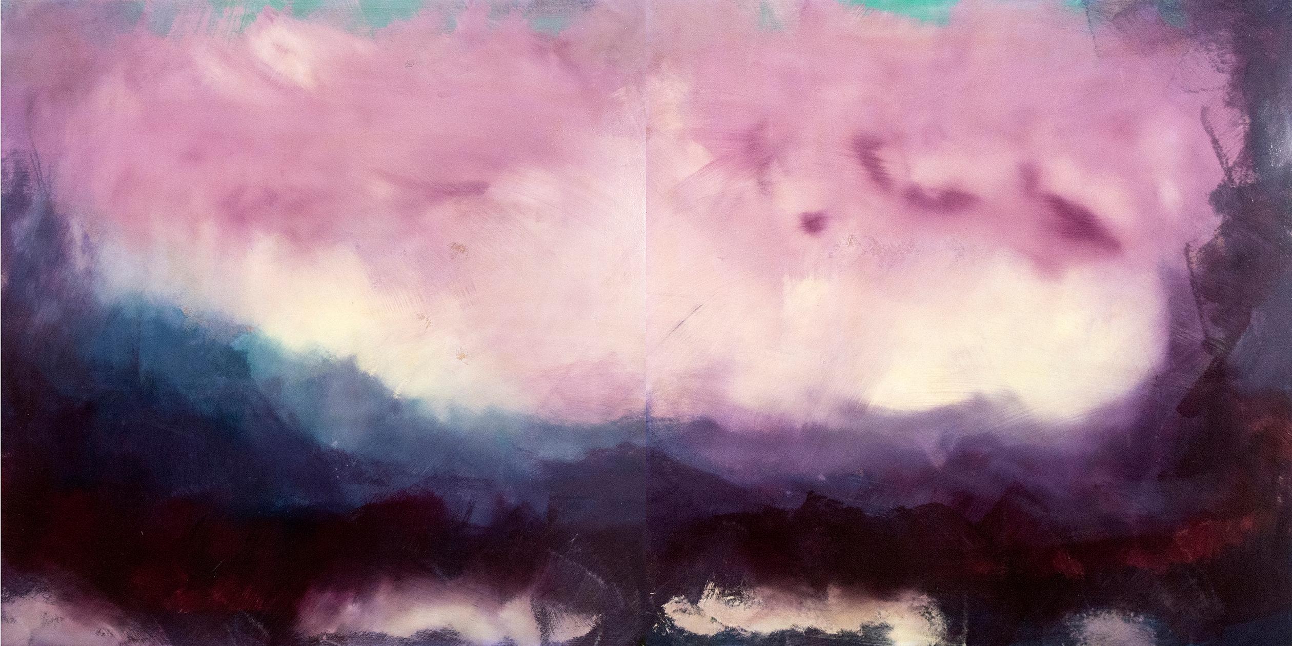 Rujuh 3A & 3B Diptychon - atmosphärische, abstrakte Himmelslandschaft, Acryl, Harz auf Tafel