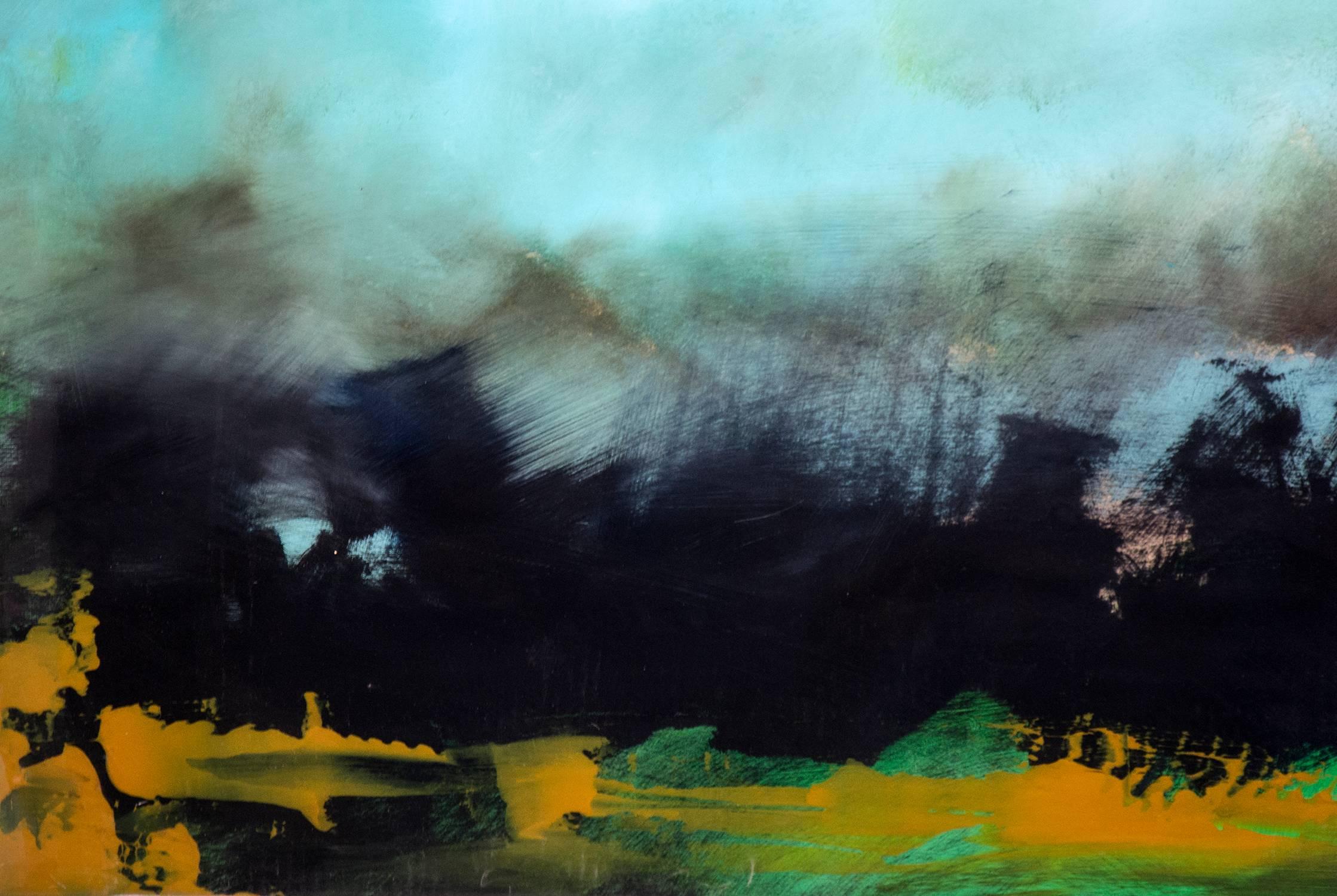 Rujuh 5 - atmospheric, colourful, abstract landscape, acrylic, resin on panel - Painting by Jay Hodgins