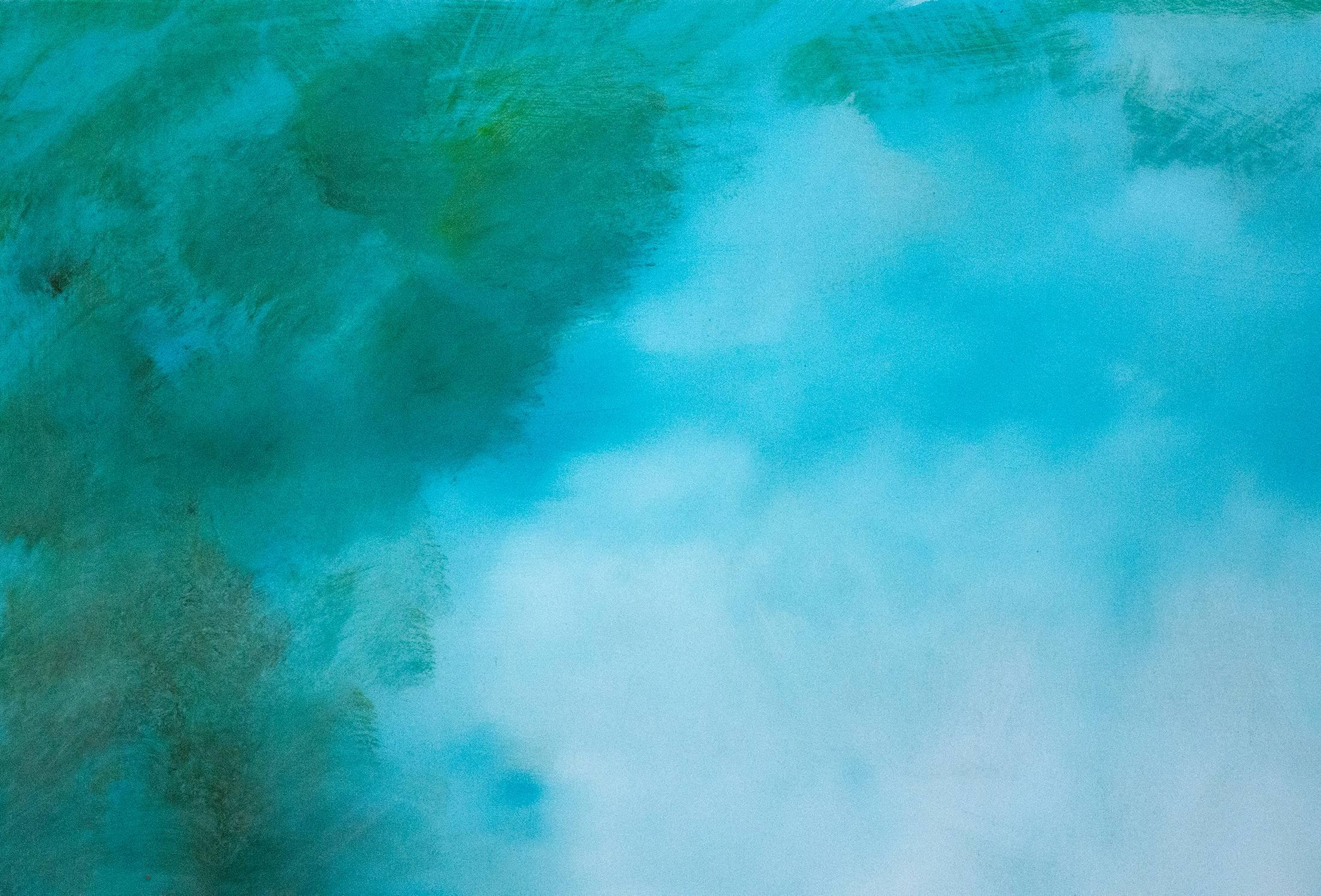 Die Rujuh 5 - atmosphärische, farbenfrohe, abstrakte Landschaft, Acryl, Harz auf Tafel (Blau), Abstract Painting, von Jay Hodgins