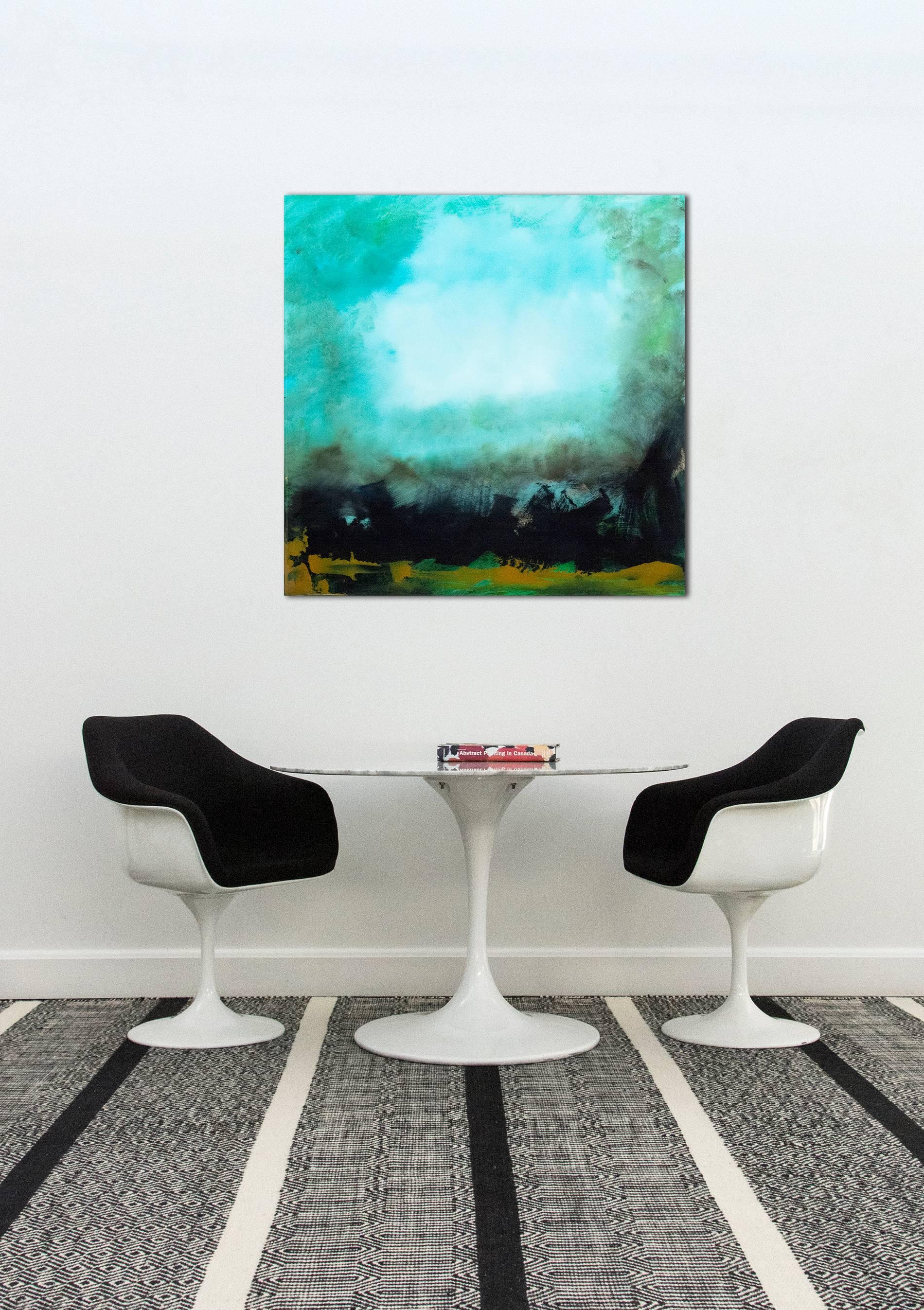 A brilliant opening framed in green-blue reflected in the water below burns through an azure sky in this luminous and moody painting by Jay Hodgins. The artist applies layers of acrylic that are coated in a glossy resin to create depth and light. 