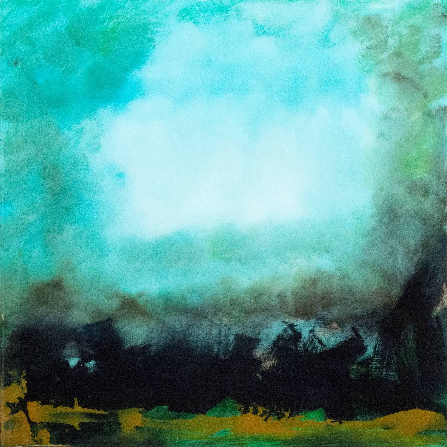 Jay Hodgins Abstract Painting – Die Rujuh 5 - atmosphärische, farbenfrohe, abstrakte Landschaft, Acryl, Harz auf Tafel