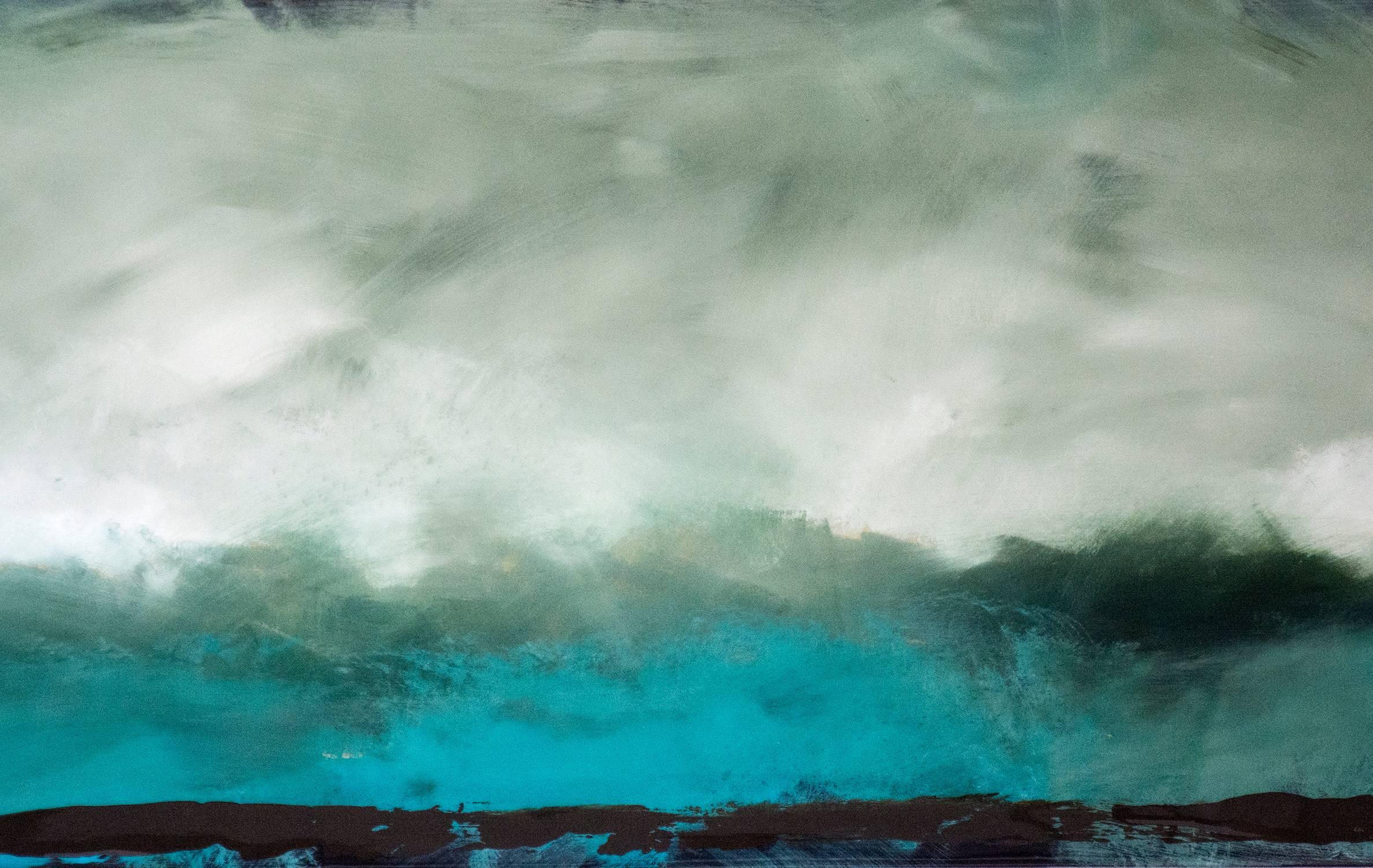Rujuh 9 - atmospheric, colourful, abstract landscape, acrylic, resin on panel - Abstract Painting by Jay Hodgins