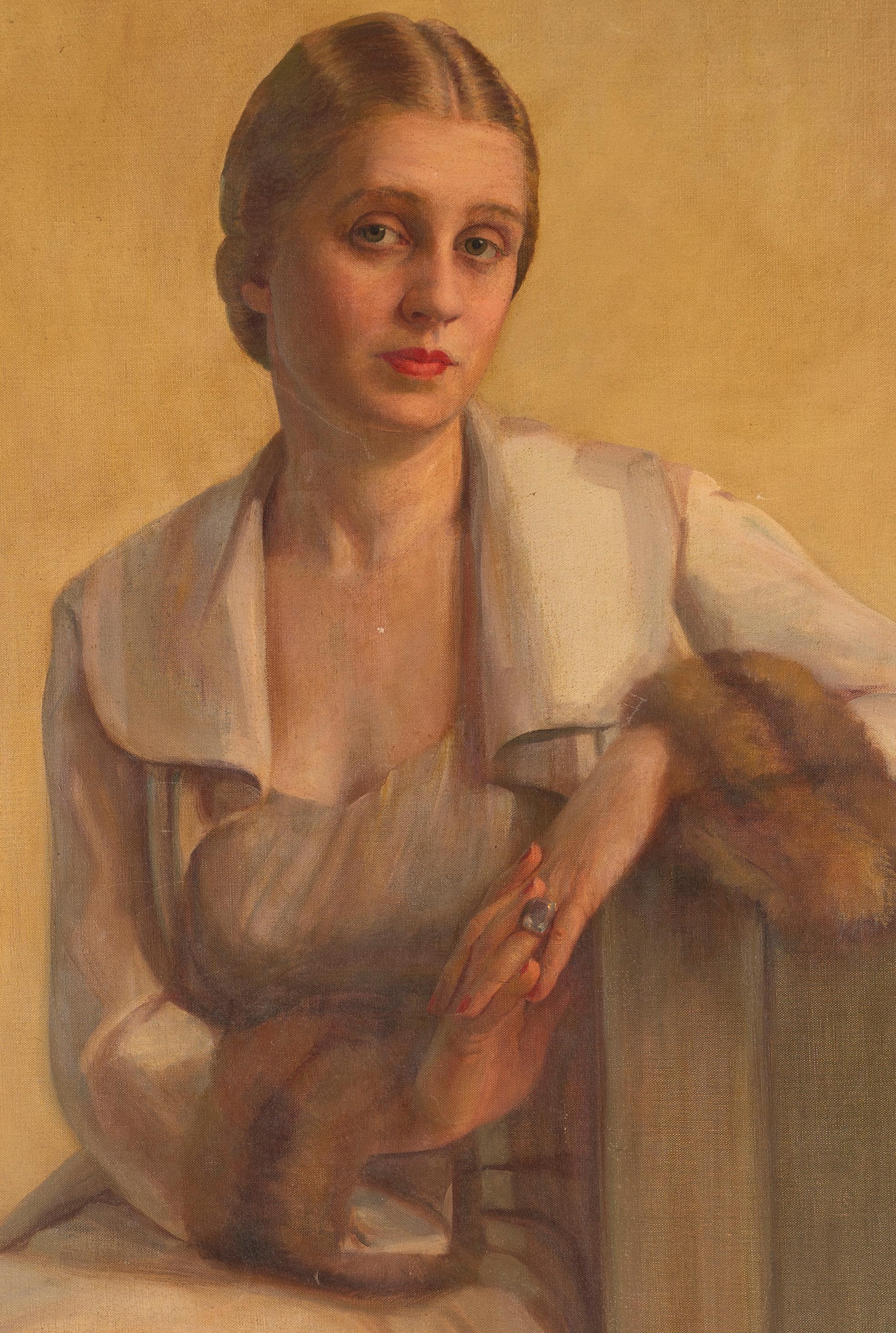 Antique American school portrait painting.  Oil on canvas, circa 1938.  Signed.  Image size 23L x 18H.  Housed in a period modern frame (the frame has losses).