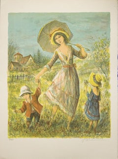 "Untitled Woman in Meadow with Kids" Signed Lithograph By Jay Jalaude