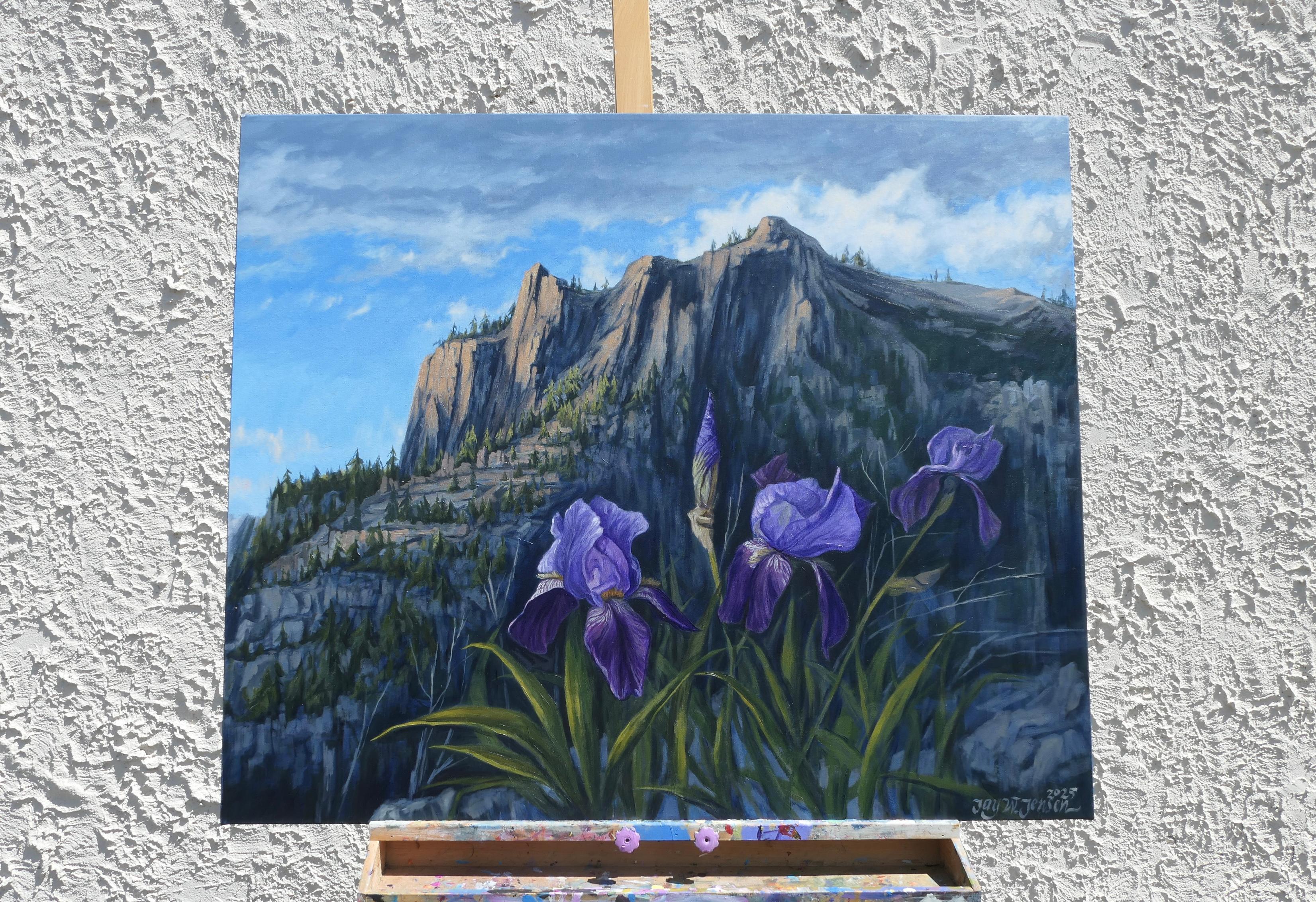 <p>Commenti dell'artista<br>La luce del tardo pomeriggio proietta un morbido bagliore sulle cime delle montagne. Gli iris viola sbocciano in primo piano, aggiungendo un tocco di colore al paesaggio lunare. Anche se questi elementi non si trovano