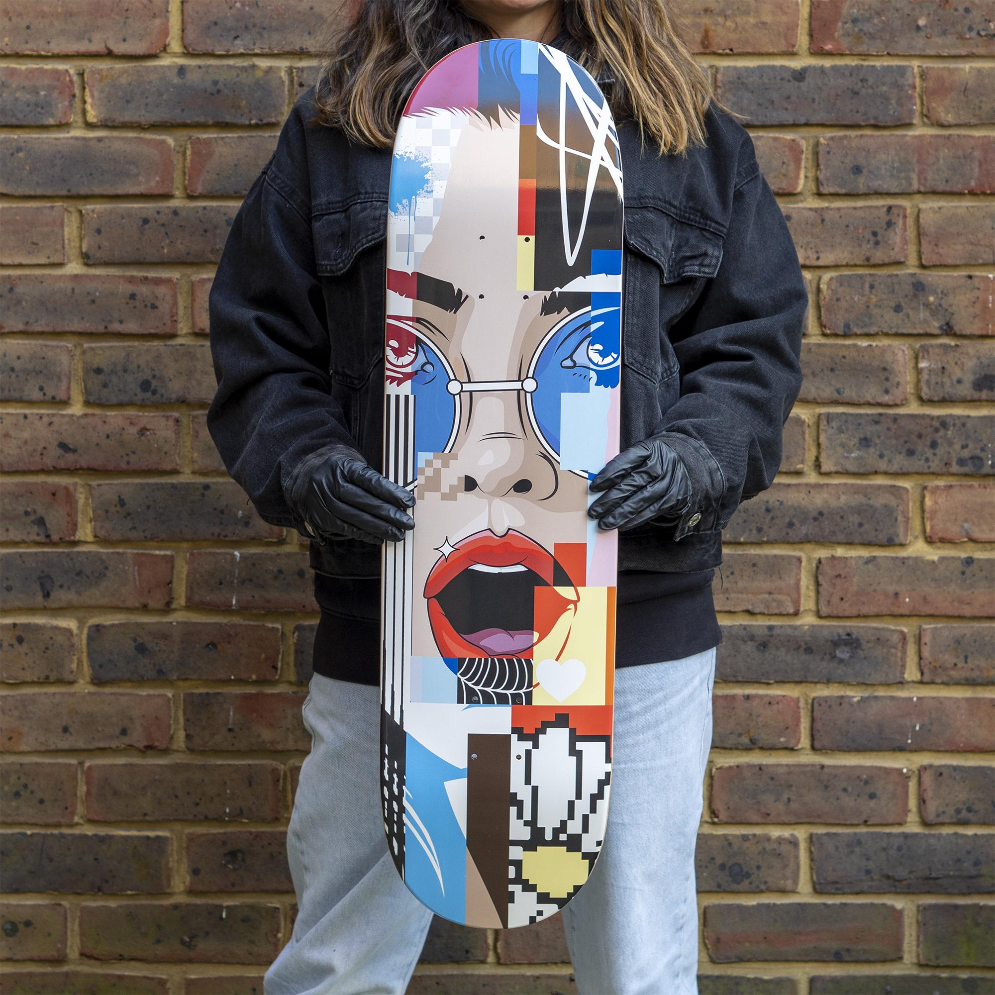 Technique: Original Giclée Fine Art Print by Jay Kaes. Archival Pigment Print on Skateboard Deck

Year: 2023

Size: 85 x 22 cm

Edition: 15 - ONLY 2 left in Edition

Collection: Dopamine

Description: “Pop Glitch" captures the fragmented reality of