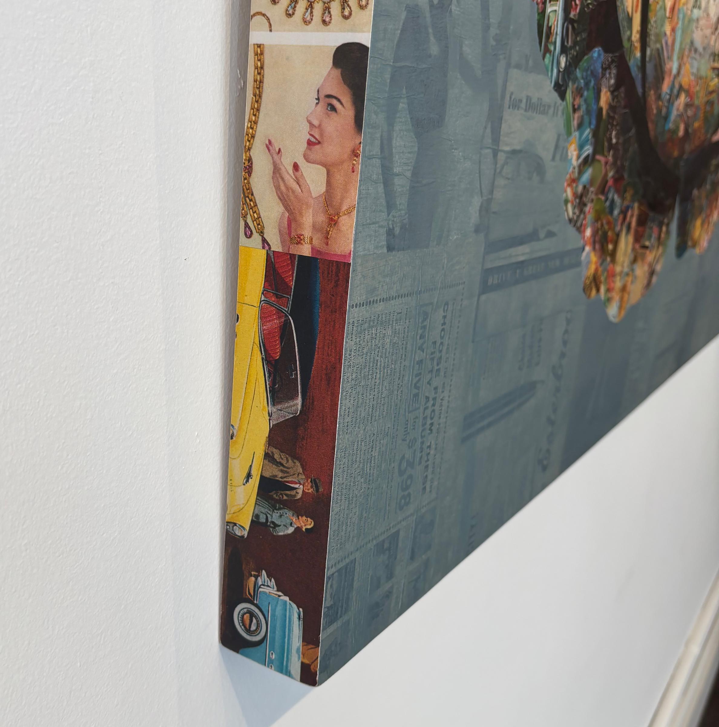 New Dream is a unique collage on panel, created entirely from hand-torn vintage print materials. The coloration in the work is hand dyed to optimal archival specifications. The artist draws inspiration from the content in found print materials like