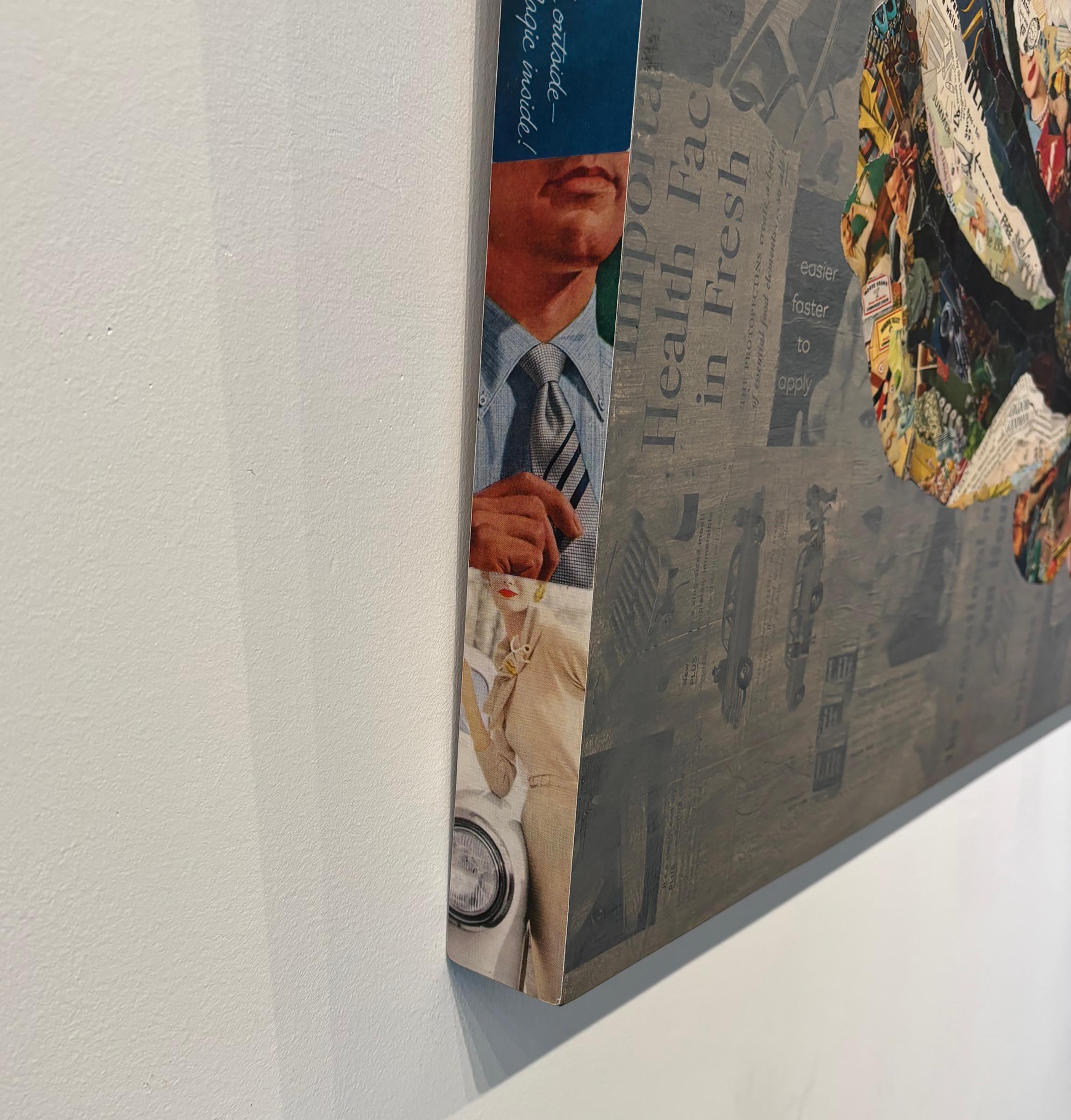 Poetry Of è un collage unico su pannello, creato interamente con materiali di stampa vintage strappati a mano. La colorazione dell'opera è tinta a mano secondo le specifiche ottimali per l'archiviazione. L'artista trae ispirazione dal contenuto di