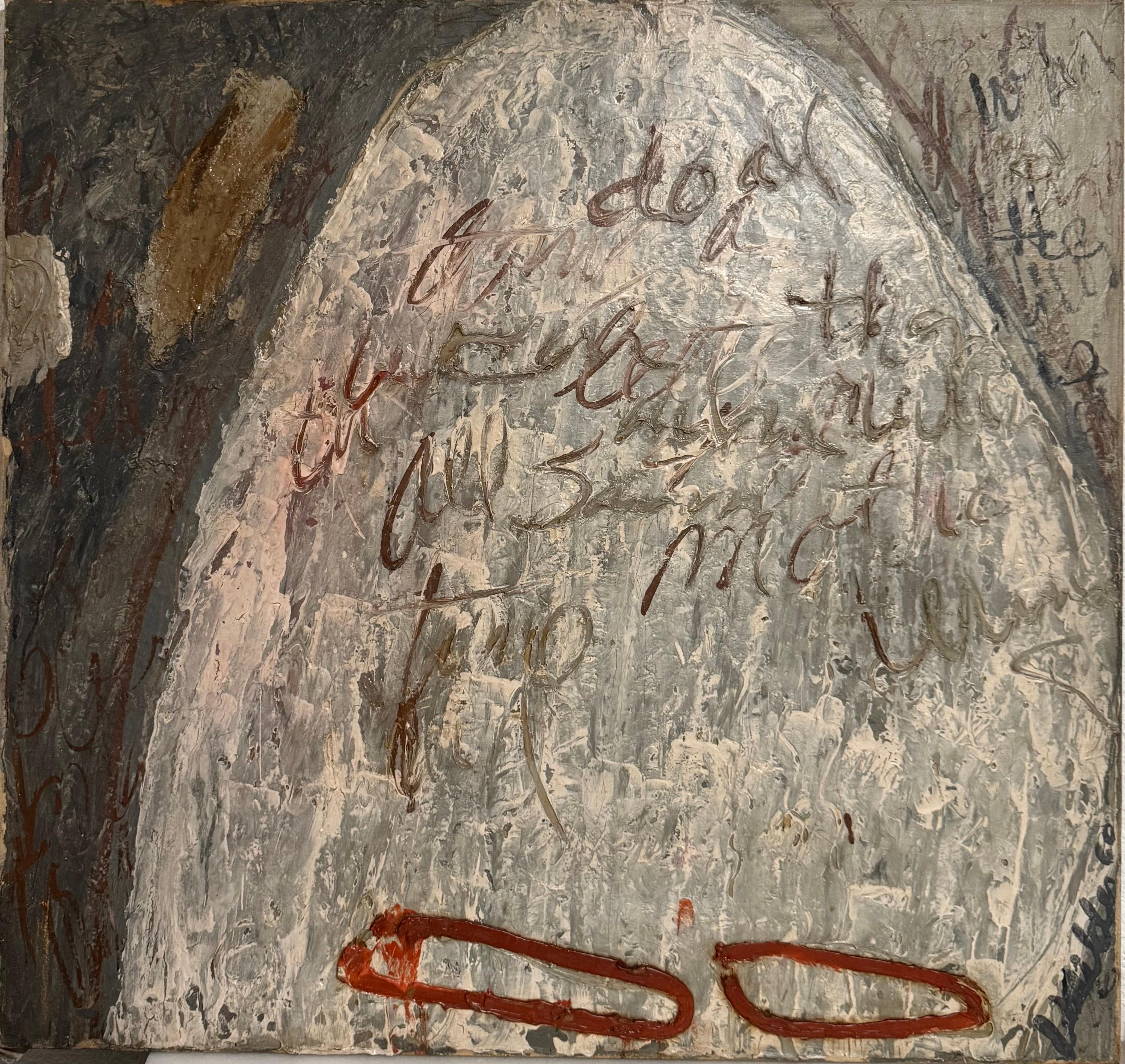 Jay Milder (Amerikaner, 1934-)
Ölgemälde auf Leinwand
Handsigniert unten rechts
Datiert 1960
Dies wird ungerahmt verkauft
Abstrakt mit Buchstaben und Kalligraphie, Hommage an Cy Twombly. 

Jay Milder (geb. 1934) ist ein amerikanischer Künstler und