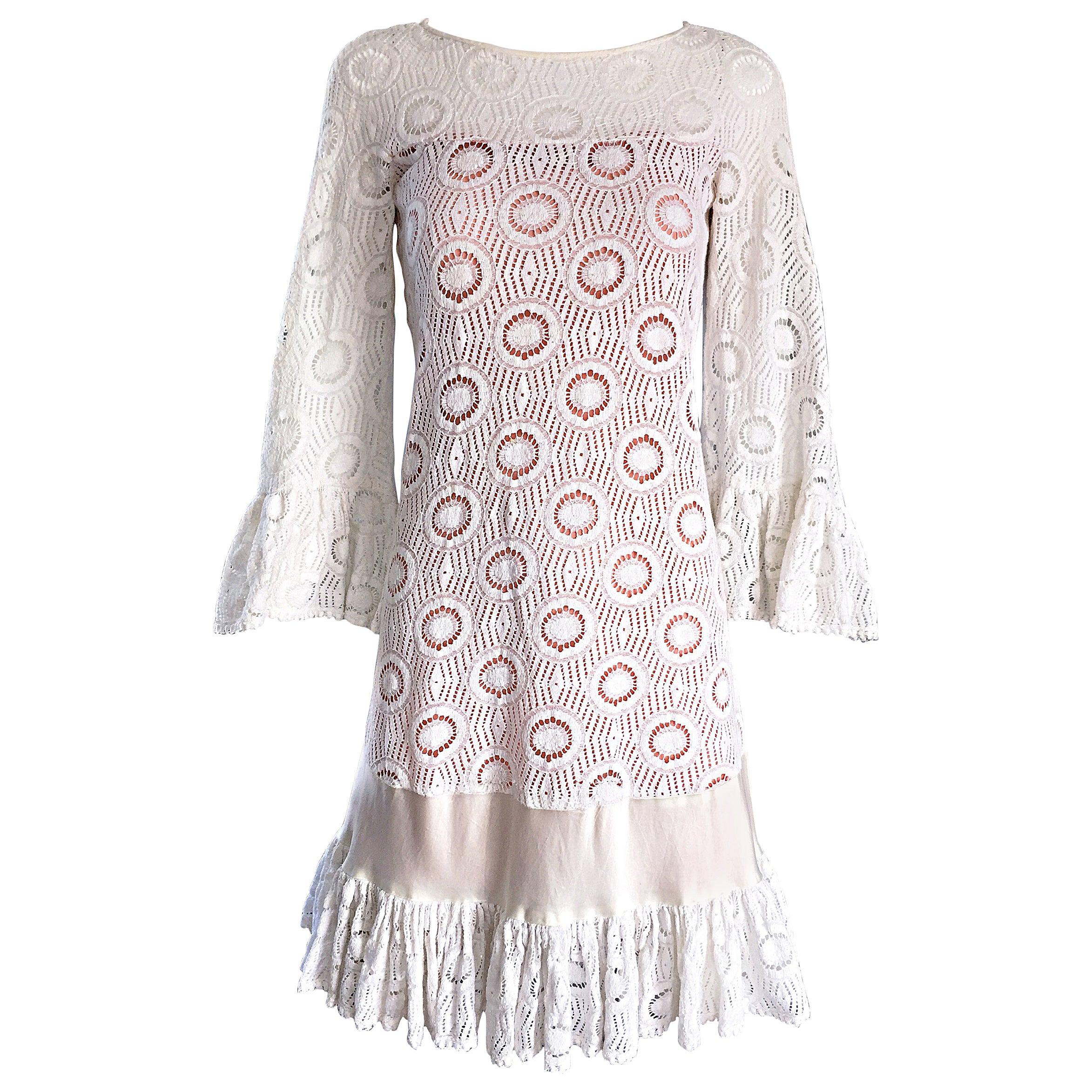 Jay Morley for Fern Violette 1960s Ivory Crochet Boho Bell Sleeve A Line Dress 