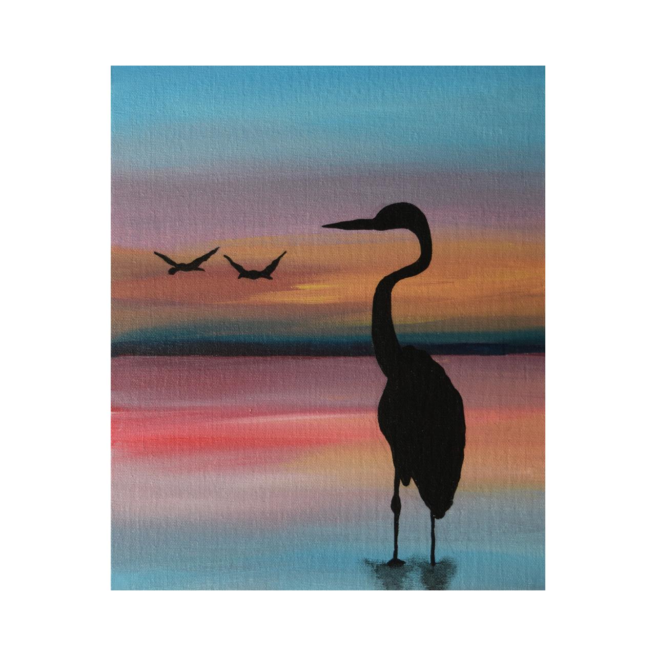 Silhouette crane in sunrise  (~40% OFF LIST PRICE - LIMITED TIME) - Painting by Jay Patel