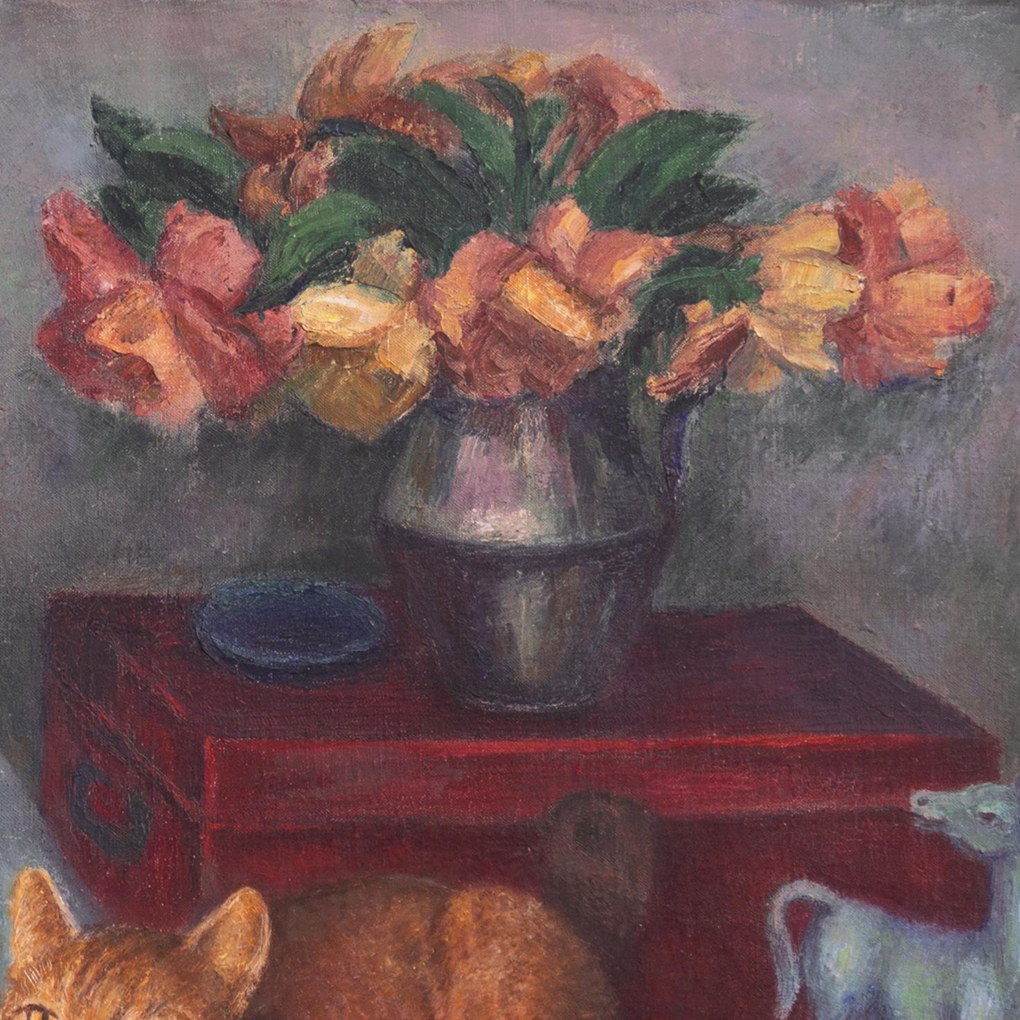 'Ginger Cat with Still Life', American Modernist, WPA Muralist, SFAA, GGIE, MoMA - Gray Still-Life Painting by Jay Risling