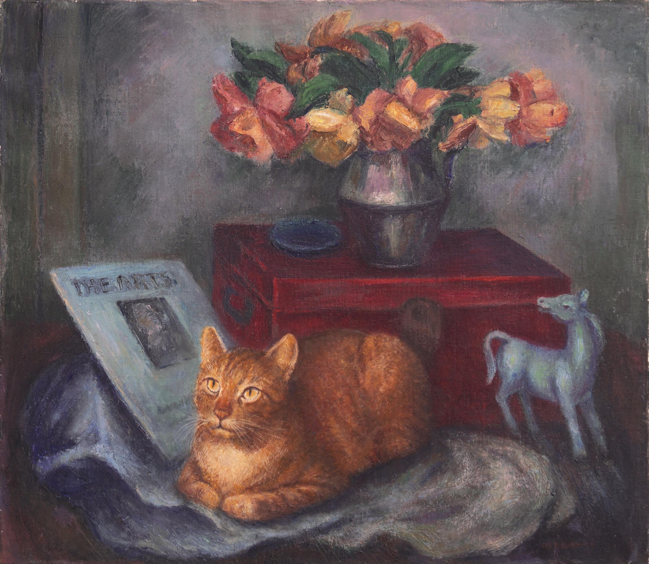 Jay Risling Still-Life Painting - 'Ginger Cat with Still Life', American Modernist, WPA Muralist, SFAA, GGIE, MoMA