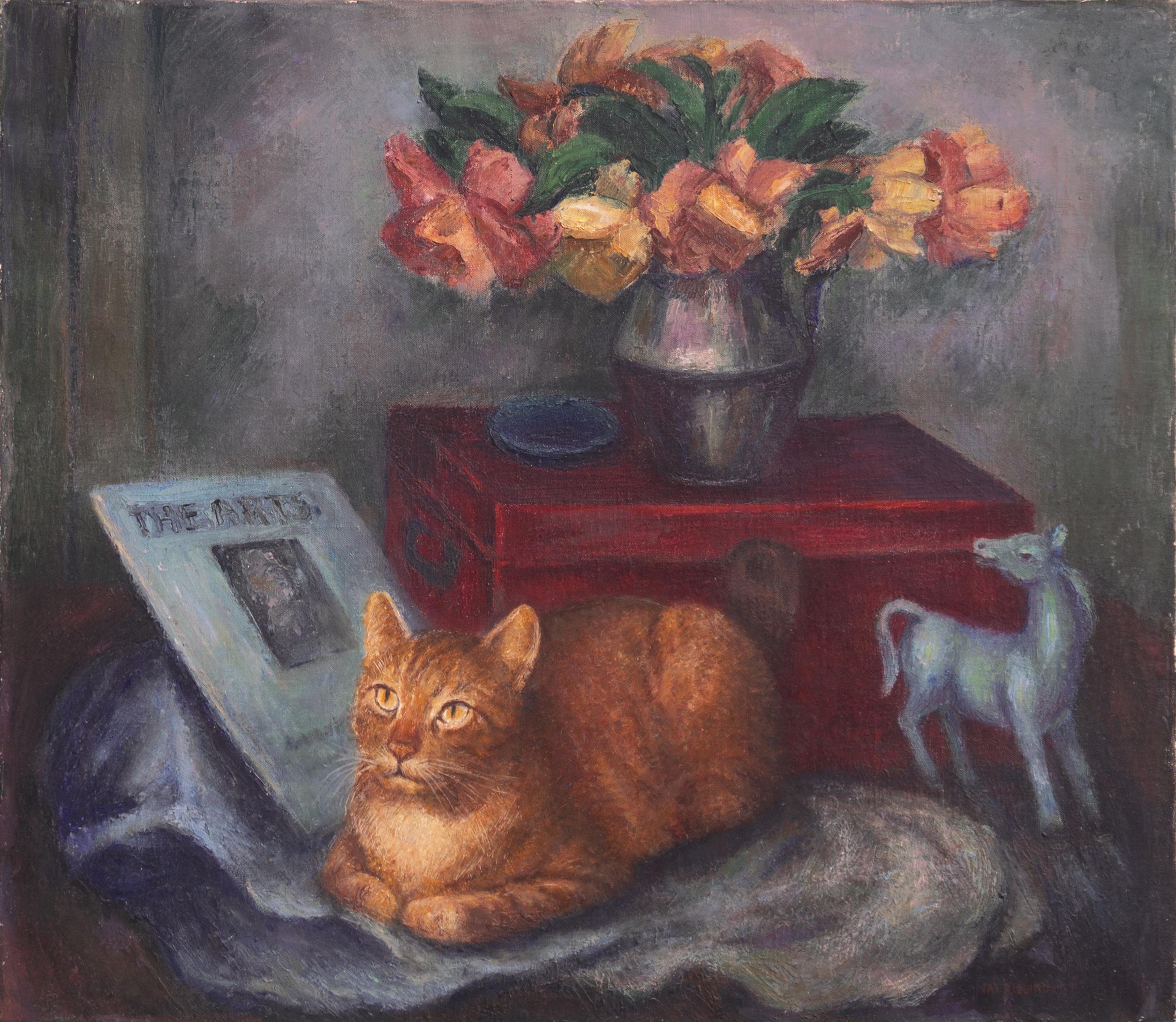 Still-Life Painting di Jay Risling - Gatto zenzero con natura morta', Modernista americano, Muralista WPA, SFAA, GGIE, MoMA