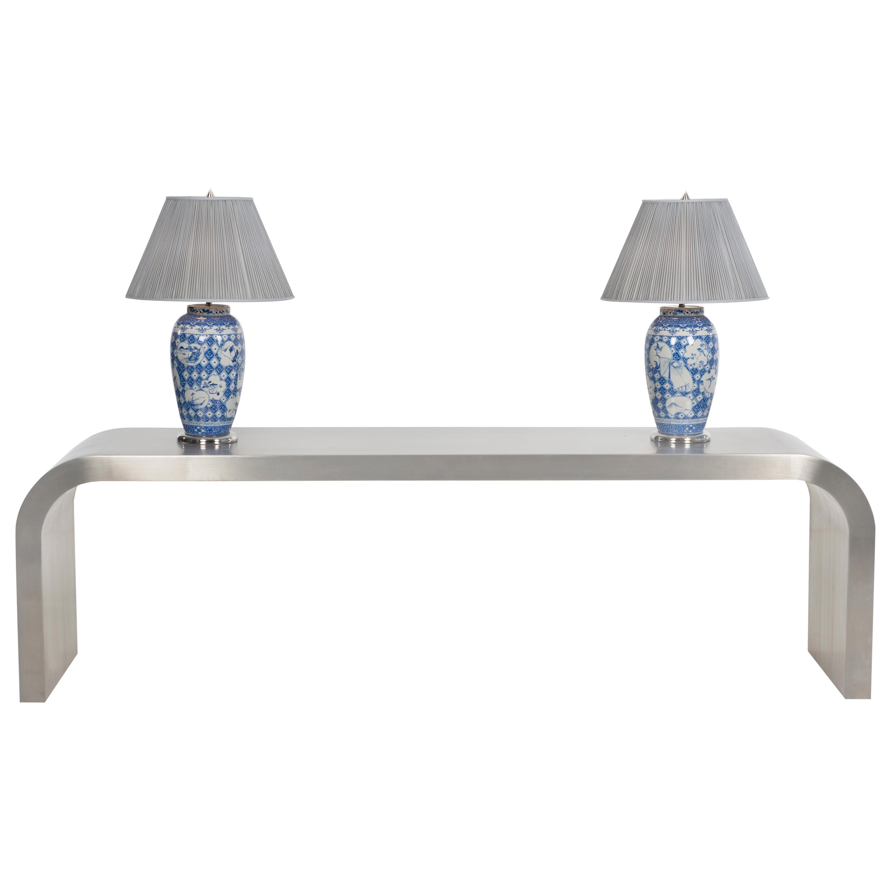 Brushed Jay Spectre Custom Console and Pair of Lamps For Sale