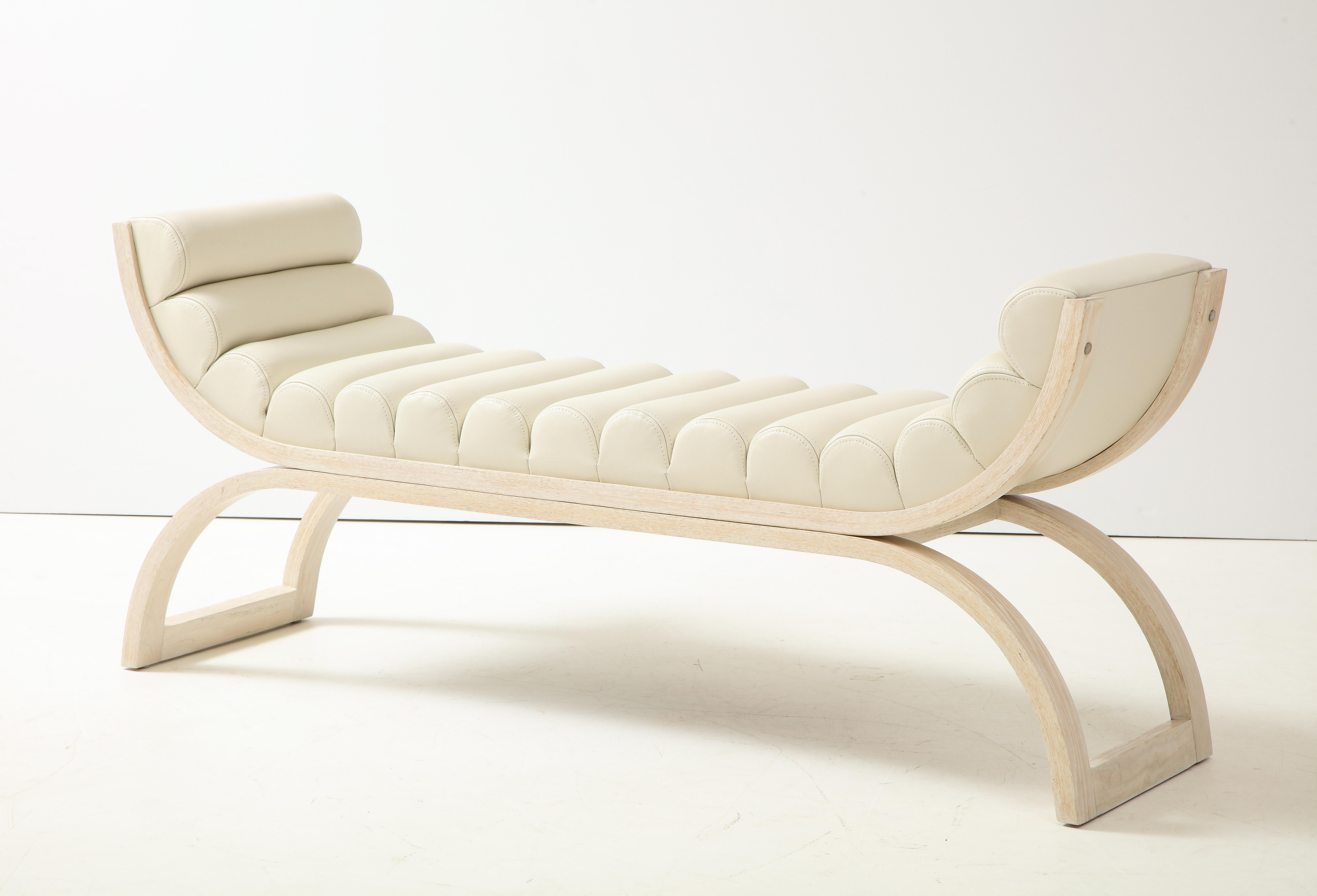Stunning Jay Spectre Eclipse bench.
The Gracious curved bench has been Newly restored and reupholstered 
in a luxurious Holly Hunt Ivory leather.