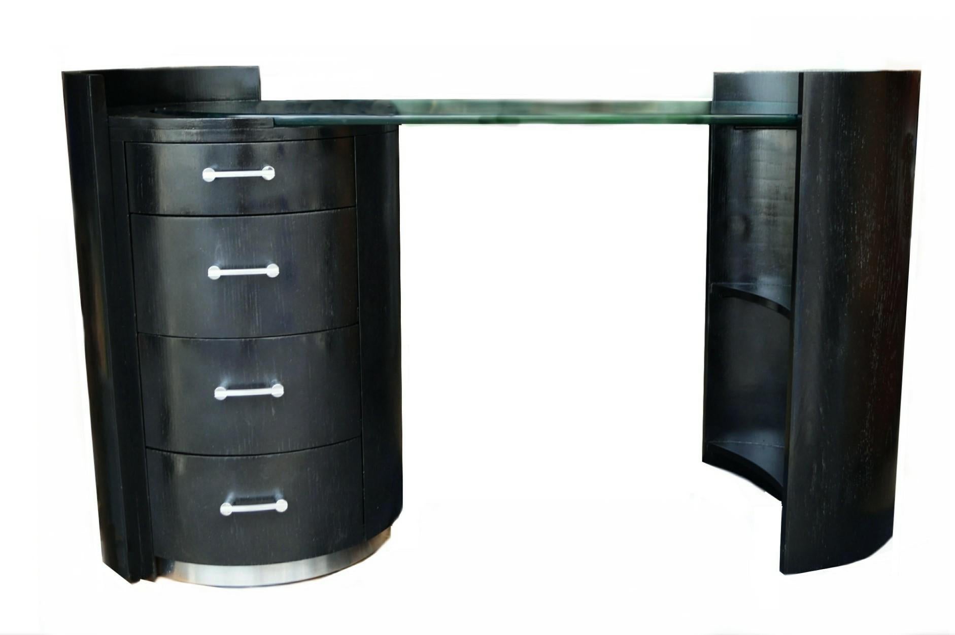 Mid-Century Modern Jay Spectre Eclipse Black Oak Barrel Desk Vanity Glass Top with Book Shelf