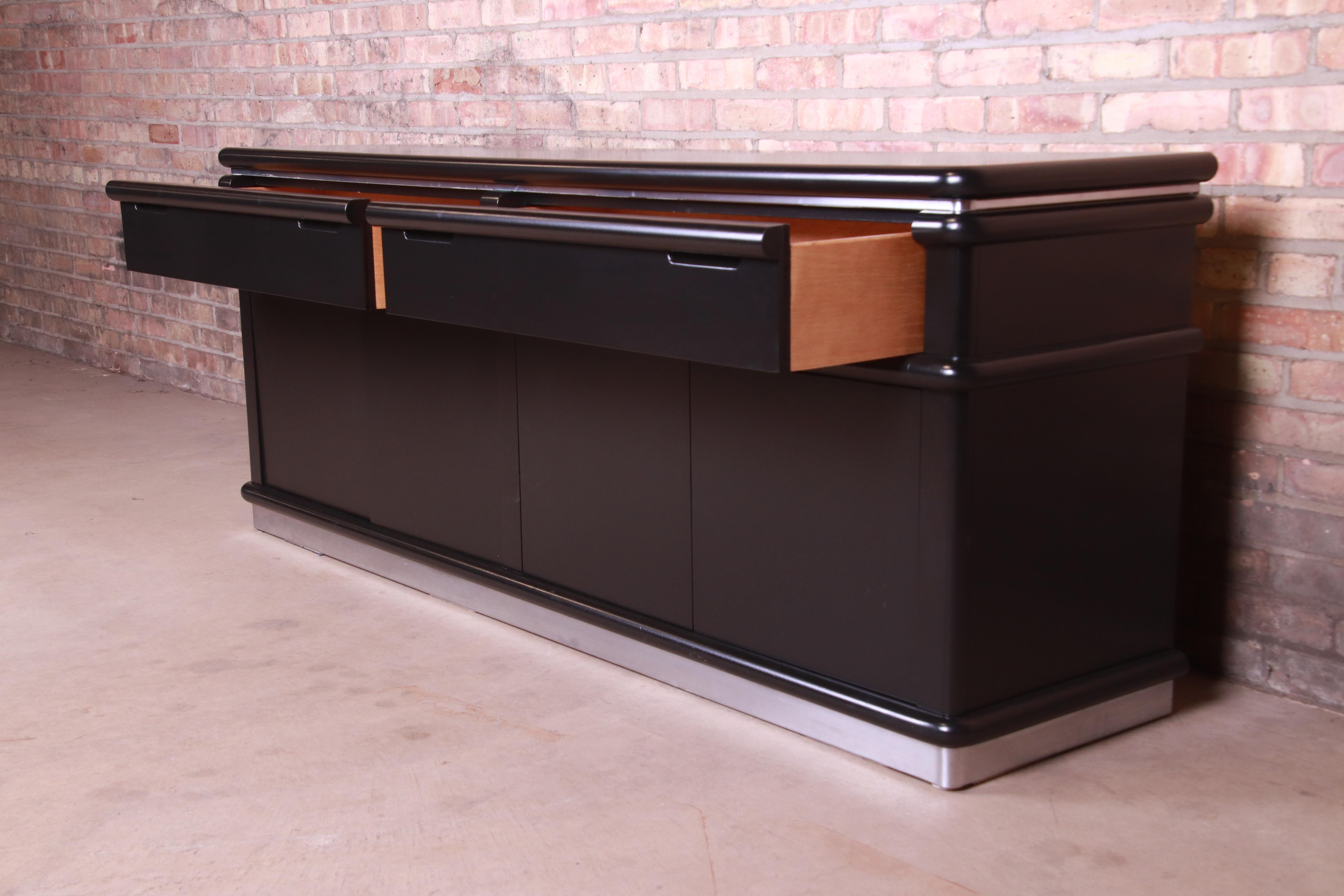 Jay Spectre for Century Furniture Black Lacquer and Chrome Credenza, Refinished 4