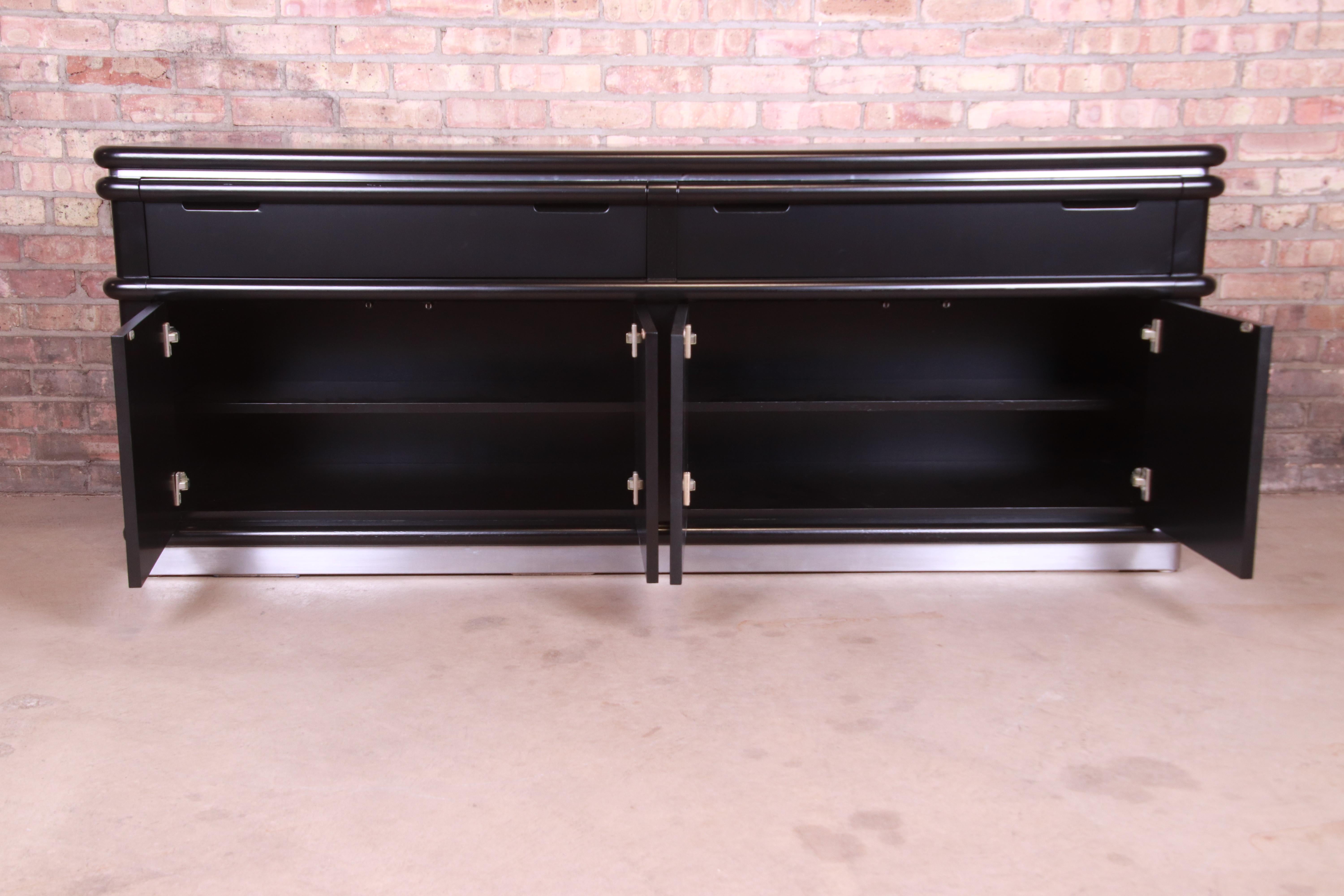 Jay Spectre for Century Furniture Black Lacquer and Chrome Credenza, Refinished 5