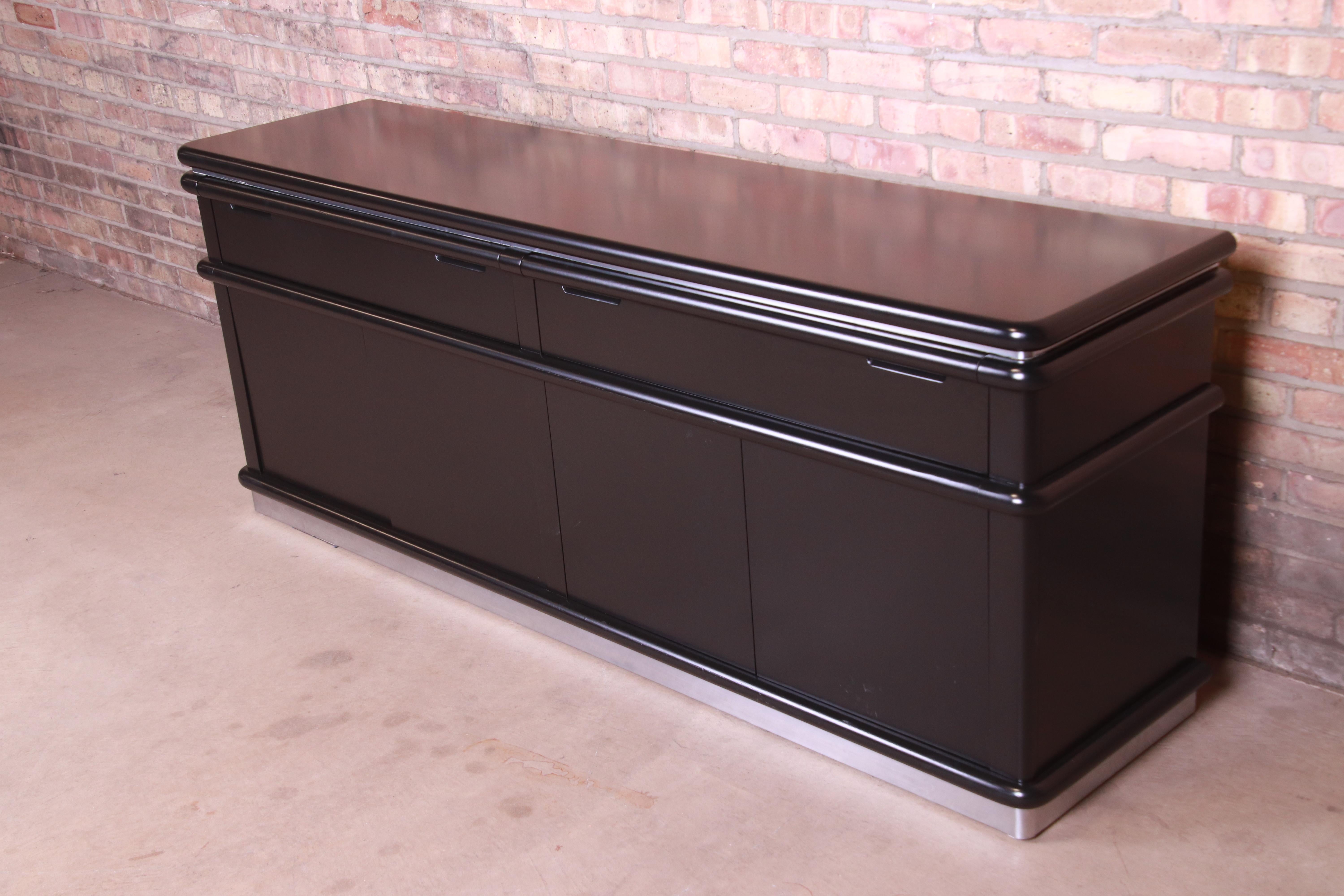 Modern Jay Spectre for Century Furniture Black Lacquer and Chrome Credenza, Refinished