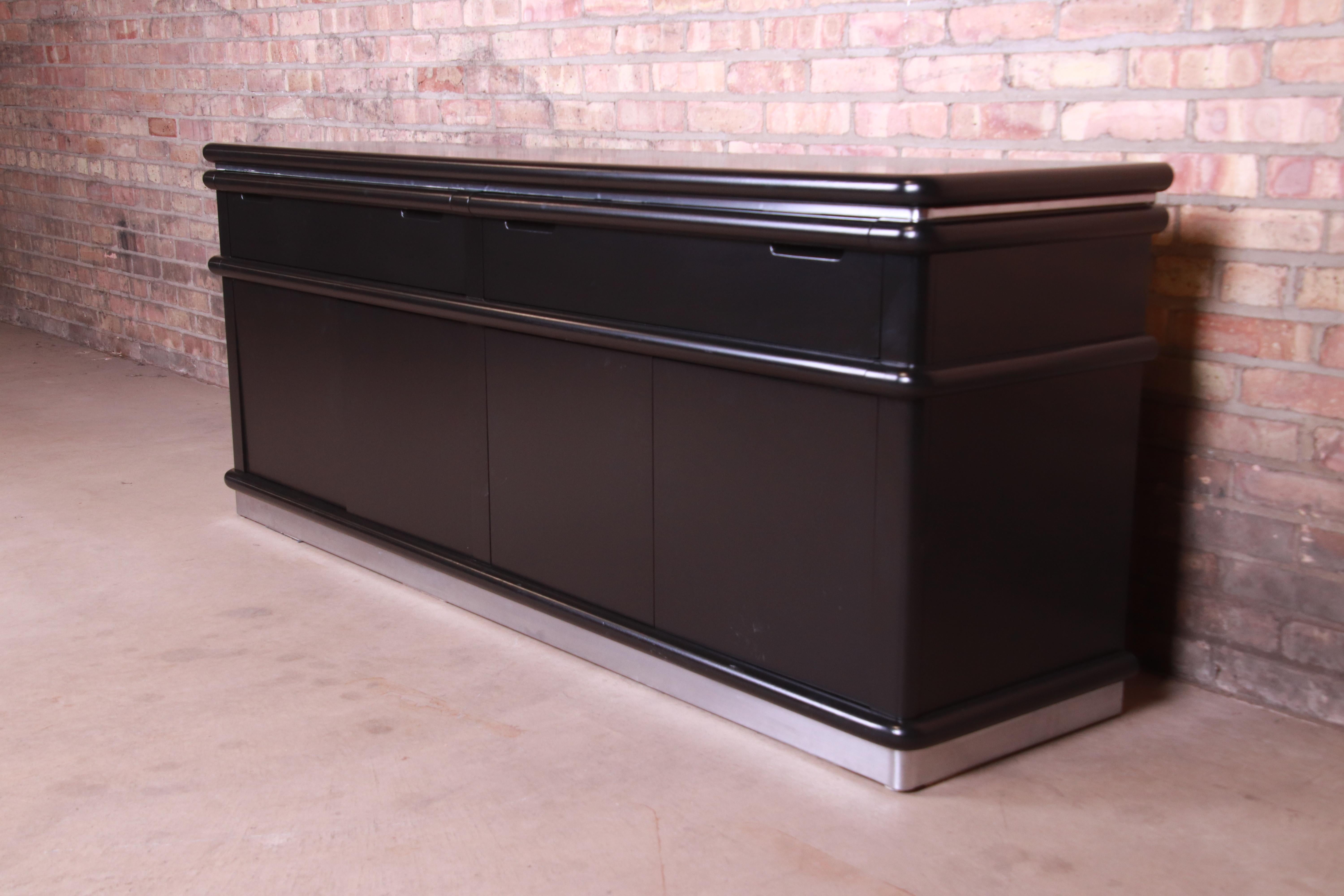 American Jay Spectre for Century Furniture Black Lacquer and Chrome Credenza, Refinished
