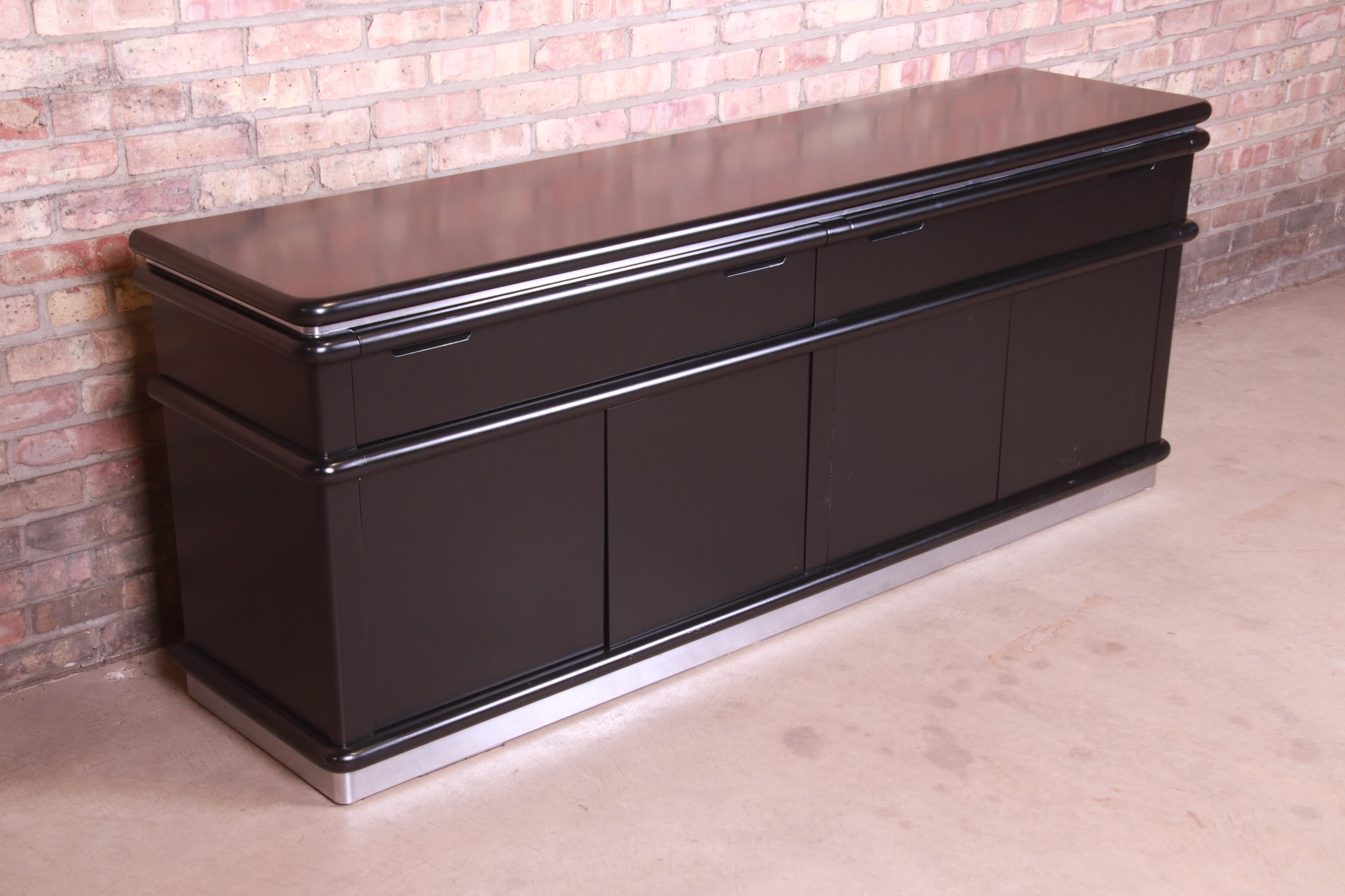 Jay Spectre for Century Furniture Black Lacquer and Chrome Credenza, Refinished In Good Condition In South Bend, IN