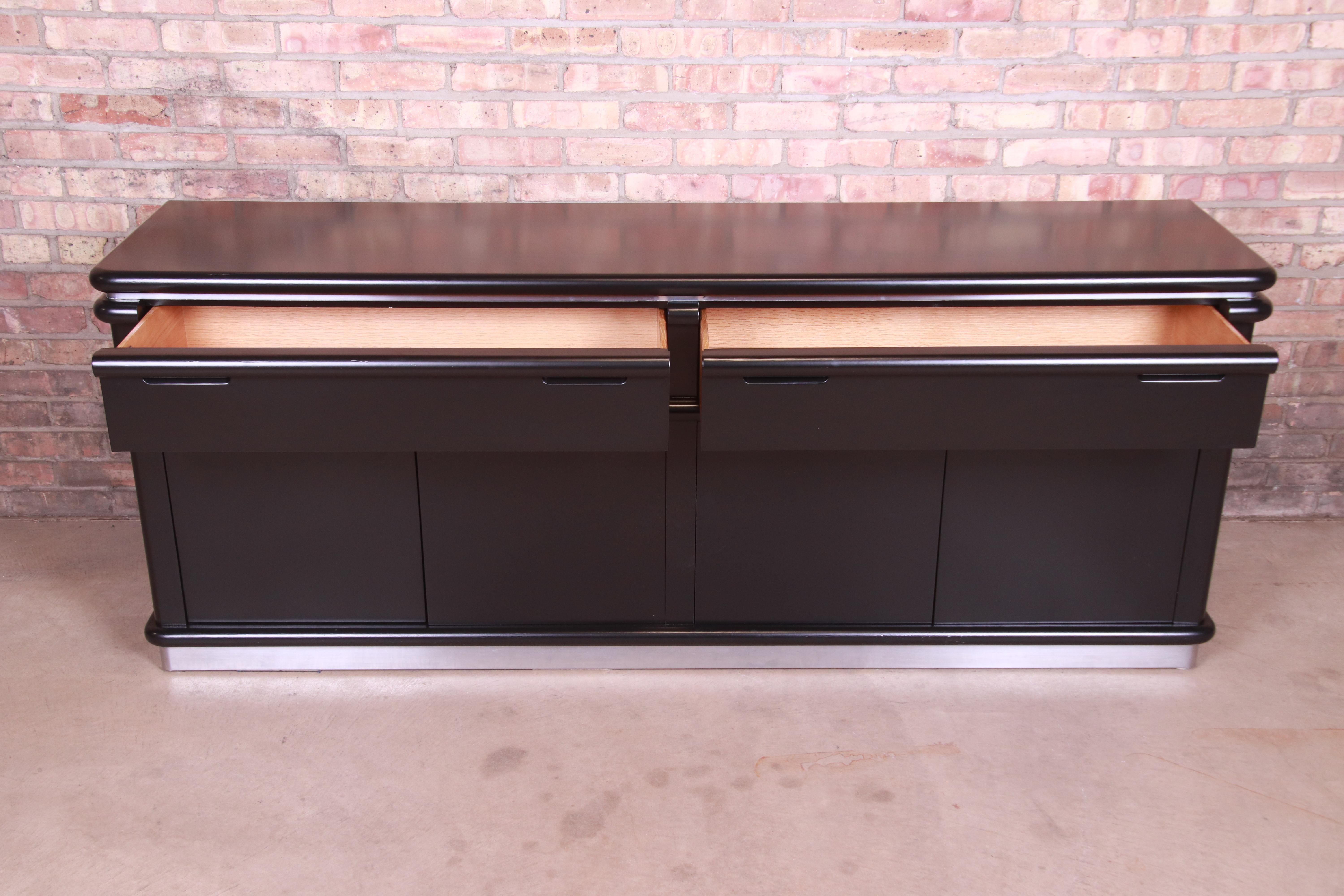 Jay Spectre for Century Furniture Black Lacquer and Chrome Credenza, Refinished 2