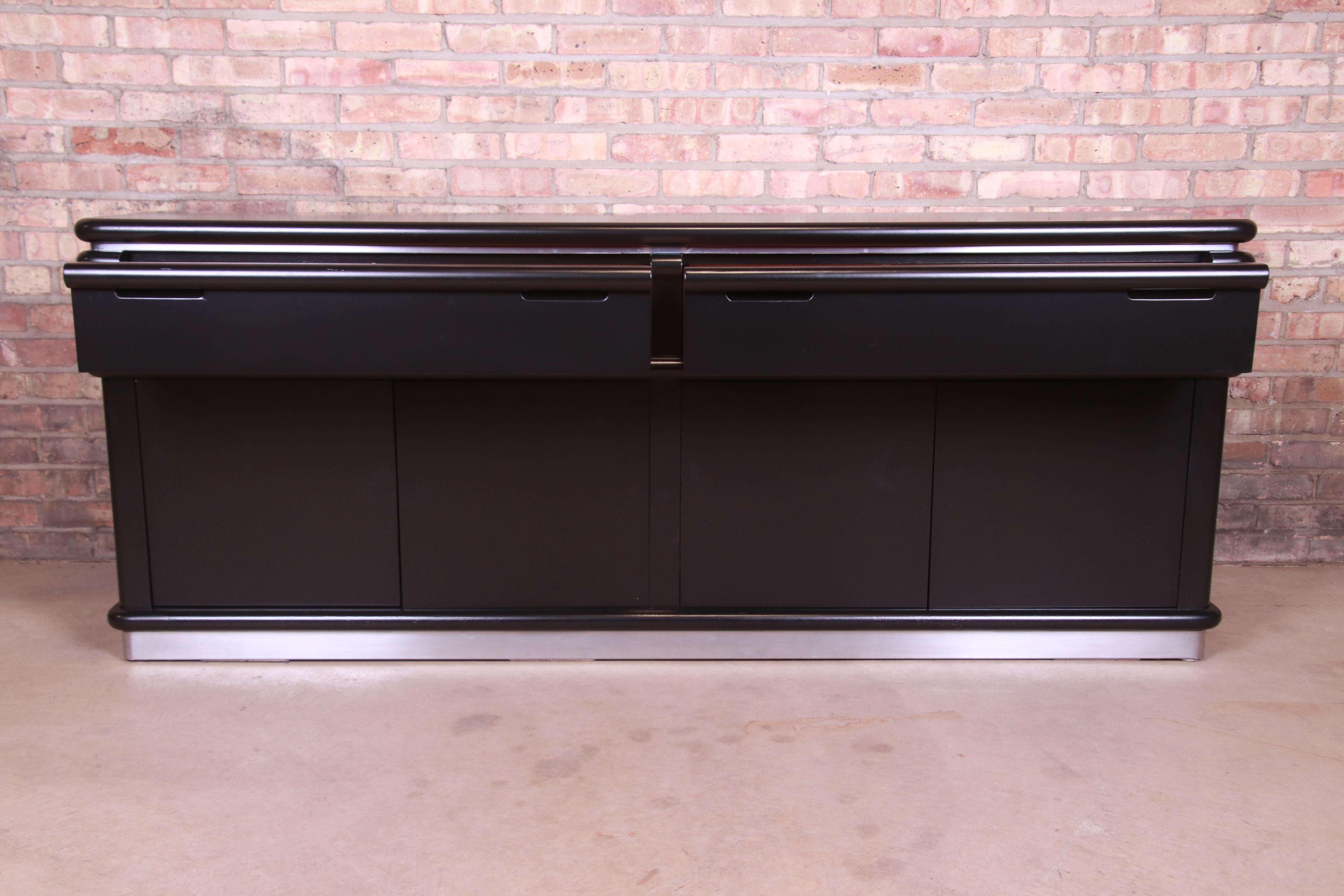 Jay Spectre for Century Furniture Black Lacquer and Chrome Credenza, Refinished 3