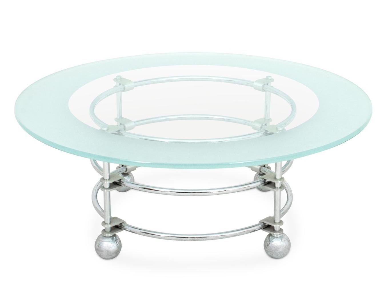 Jay Spectre for Century Glass Top Coffee Table, frosted glass circular top, chromed metal base, apparently unmarked. 16