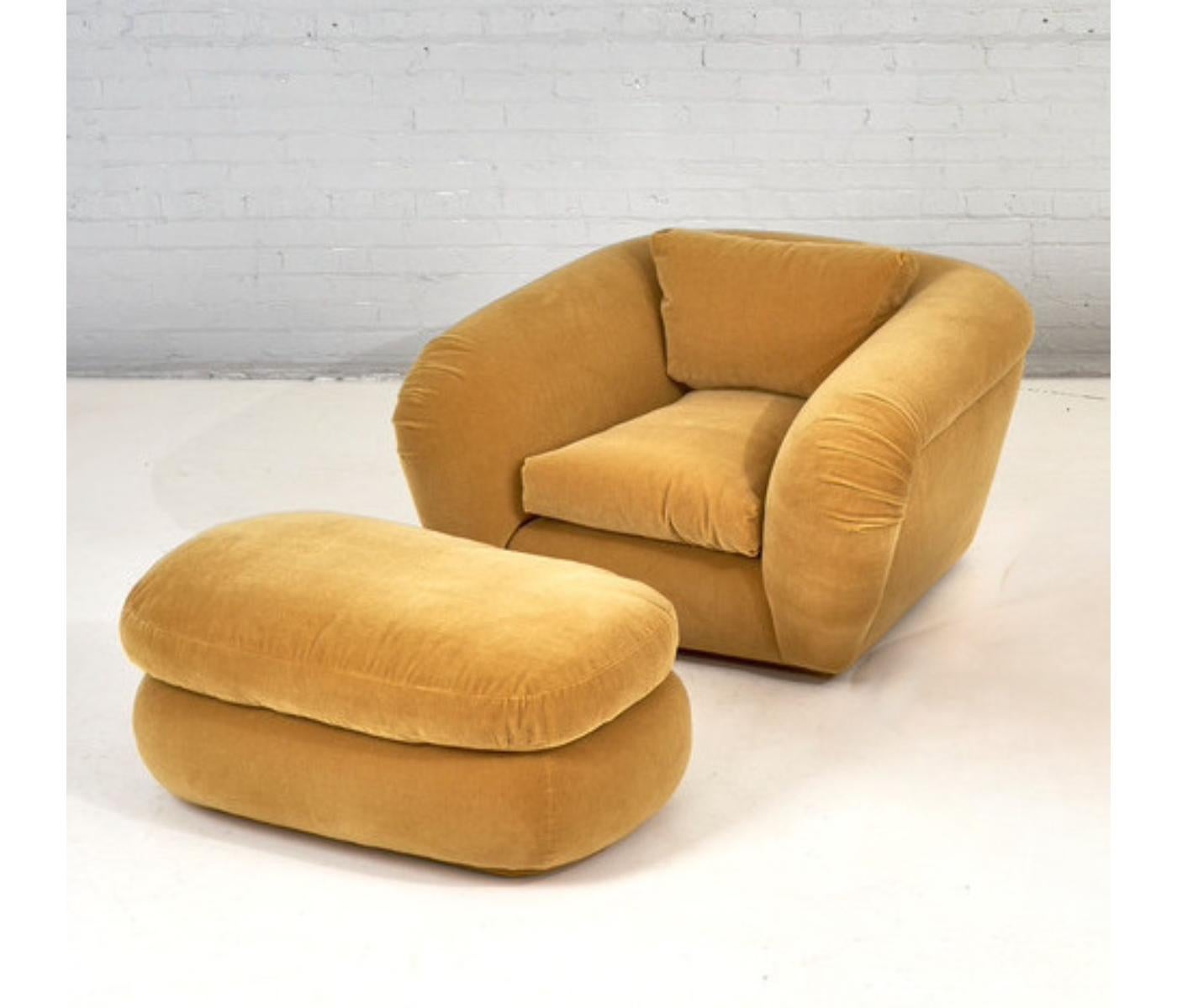 Jay Spectre Lounge Chair and Ottoman, 1990. Reupholstered in yellow mohair. We have the pairs in a separate listing.
Measure 26