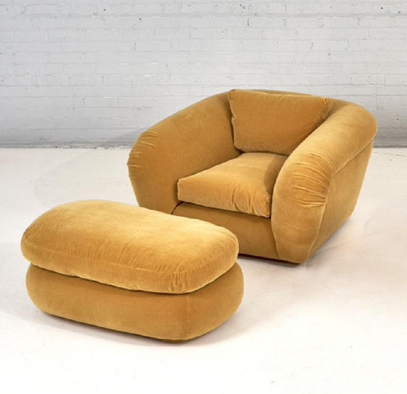 Jay Spectre Lounge Chair and Ottoman, 1990. Reupholstered in yellow mohair. We have the pairs in a separate listing.
Measure 26