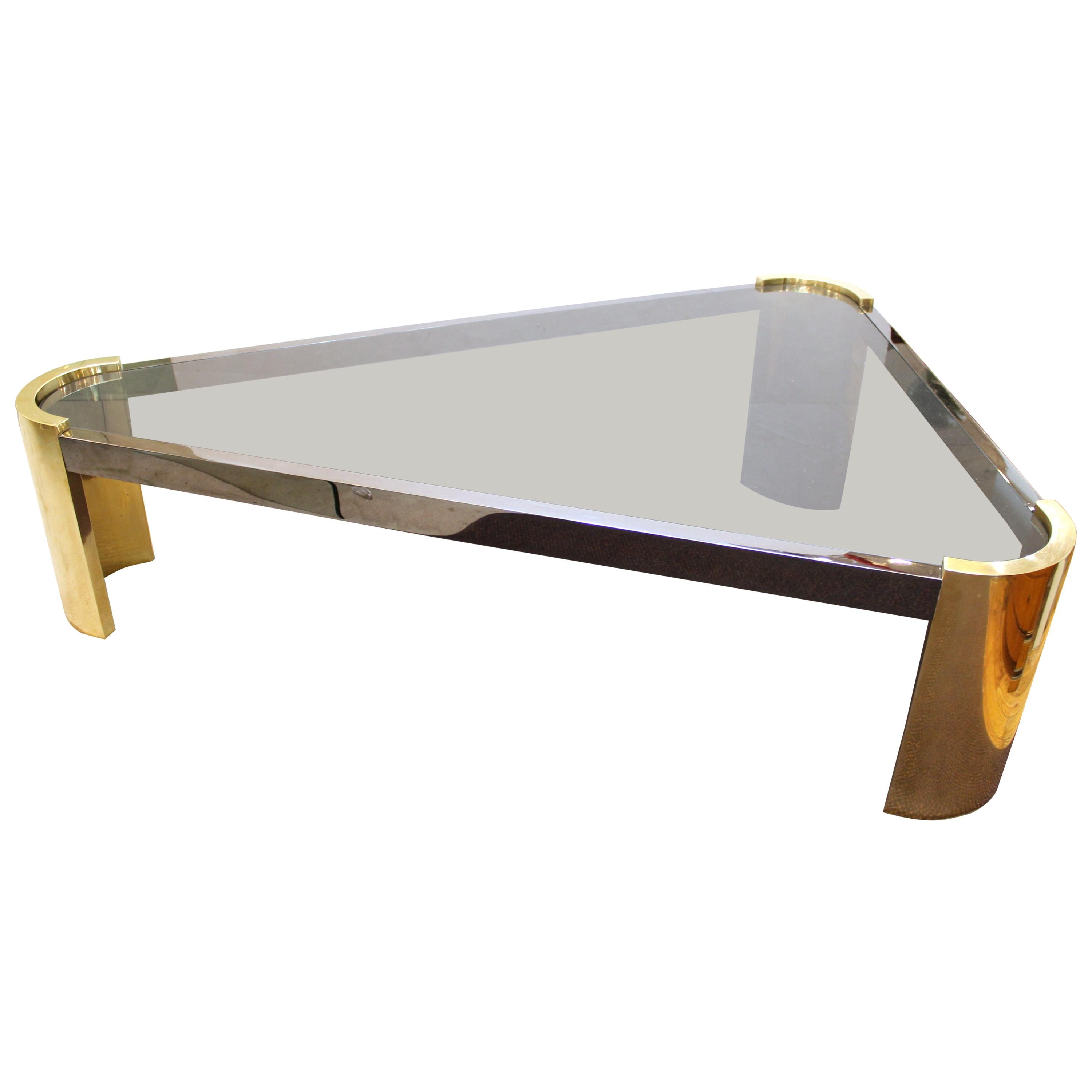 Jay Spectre Modernist Triangular Cocktail Table in Metal and Glass