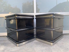 Jay Spectre Nightstands in Black Lacquer and Brushed Chrome Plinth