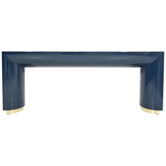 Jay Spectre or Karl Springer Style Console Lacquered in Blue with Brass Trim