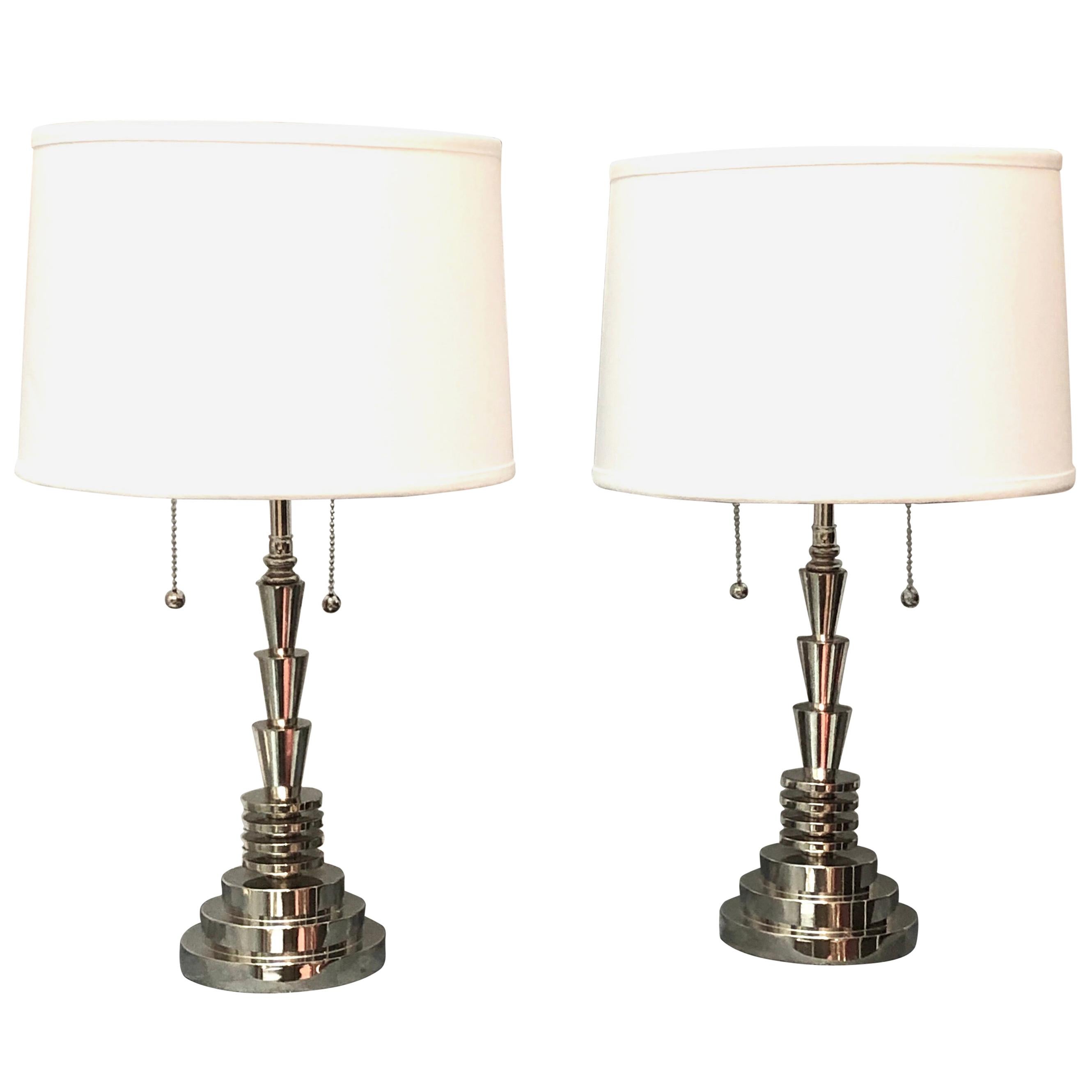Jay Spectre Pair of Polished Nickel Table Lamps by Hanson