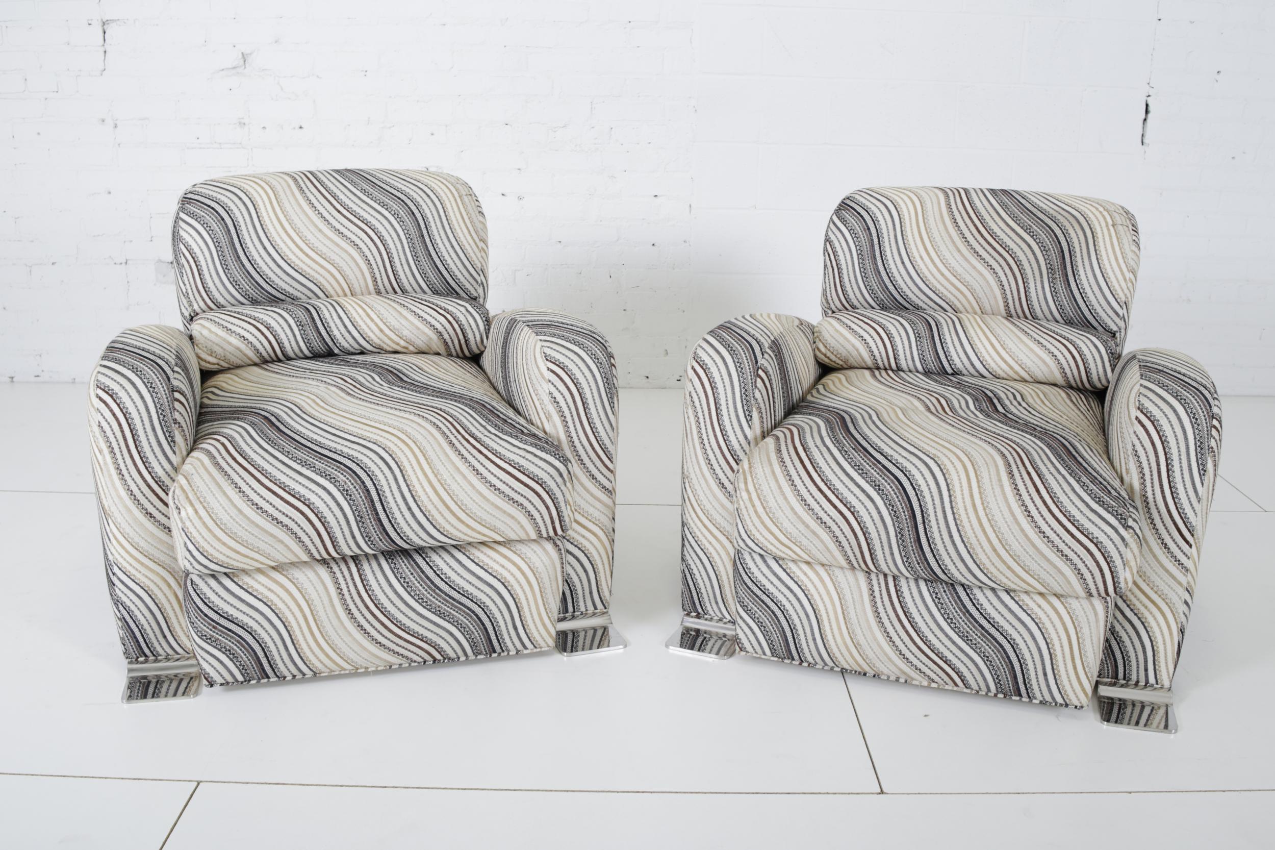 Pair of ‘Steamer Lounge Chairs” by Jay Spectre, circa 1980. Recently reupholstered in Kelly Wearstler - Water stripe Embroidery, charcoal - Lee Jofa.